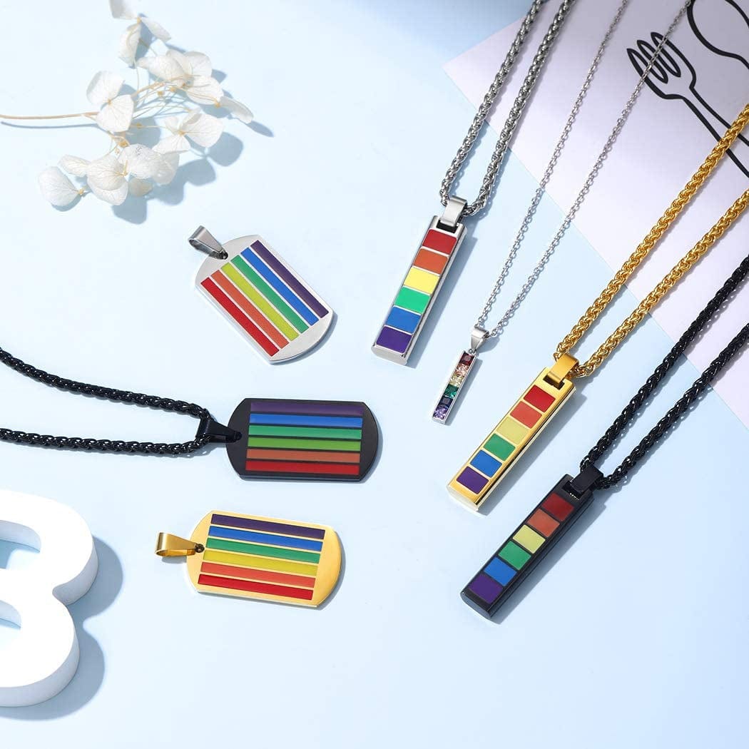 Hypoallergenic 925 Sterling Silver/Stainless Steel LGBT Bar/Dog Tag/Bead Pendant Necklace, Custom Engraved Rainbow Flag Lesbian Gay Pride Jewelry for Men Women with Gift Box