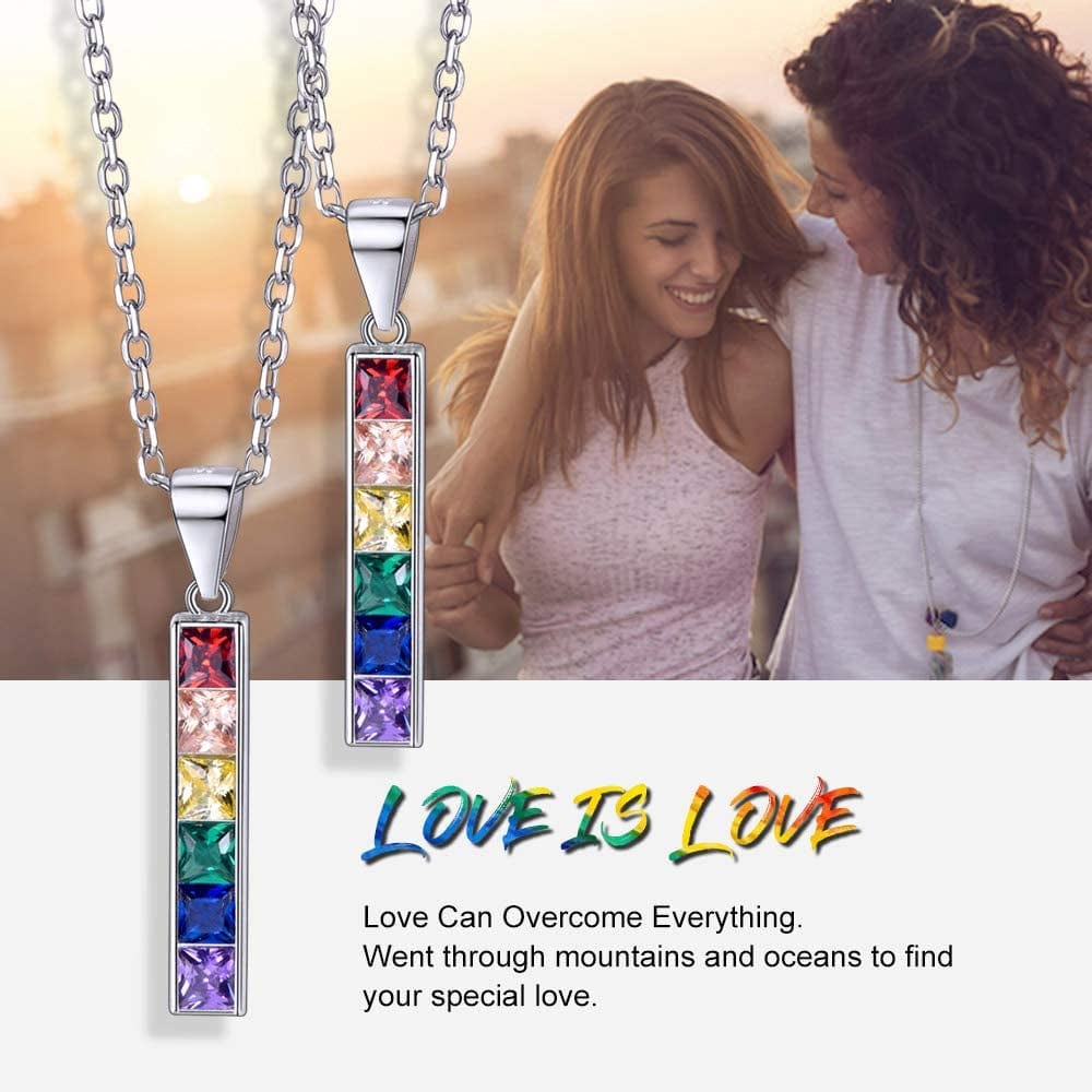 Hypoallergenic 925 Sterling Silver/Stainless Steel LGBT Bar/Dog Tag/Bead Pendant Necklace, Custom Engraved Rainbow Flag Lesbian Gay Pride Jewelry for Men Women with Gift Box