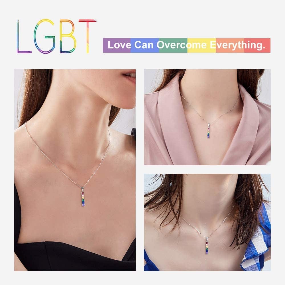 Hypoallergenic 925 Sterling Silver/Stainless Steel LGBT Bar/Dog Tag/Bead Pendant Necklace, Custom Engraved Rainbow Flag Lesbian Gay Pride Jewelry for Men Women with Gift Box