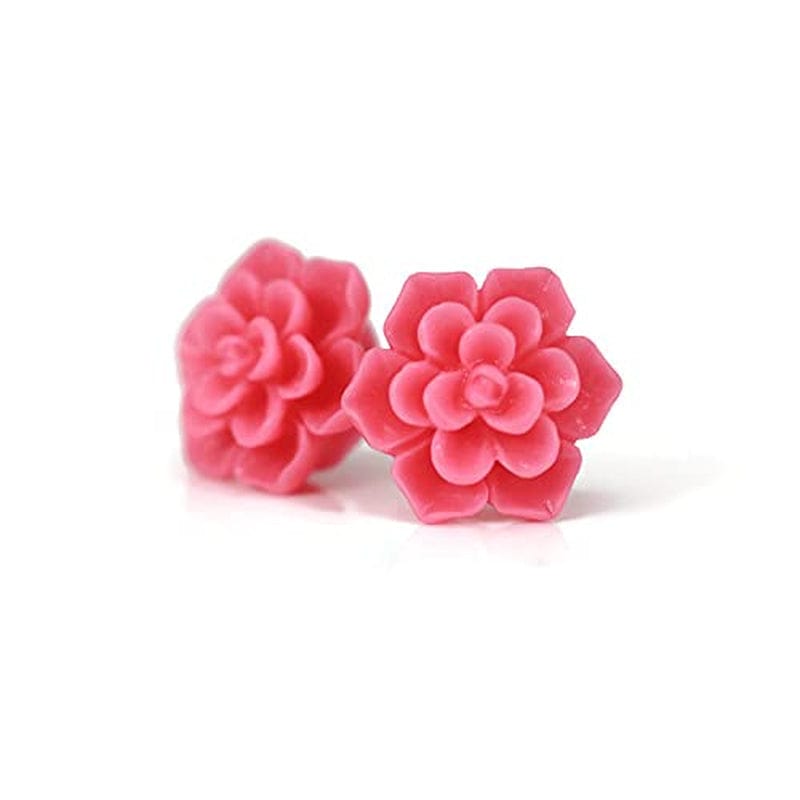 Hypoallergenic Succulent Earrings on Plastic Posts, 13Mm (Matte Aqua Blue) Matte Bright Pink