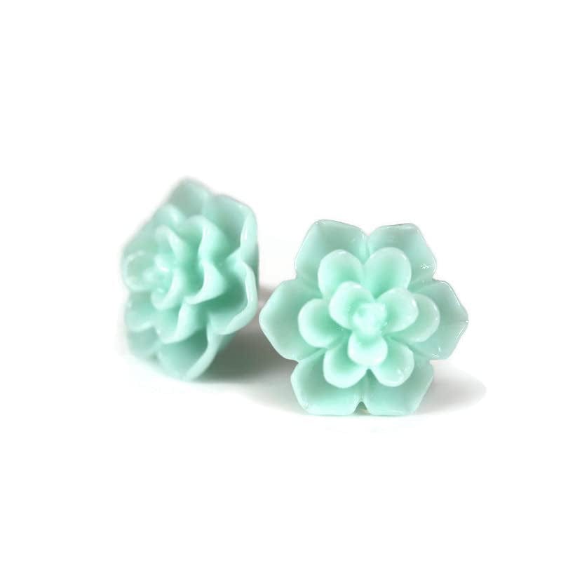 Hypoallergenic Succulent Earrings on Plastic Posts, 13Mm (Matte Aqua Blue) Mint Green