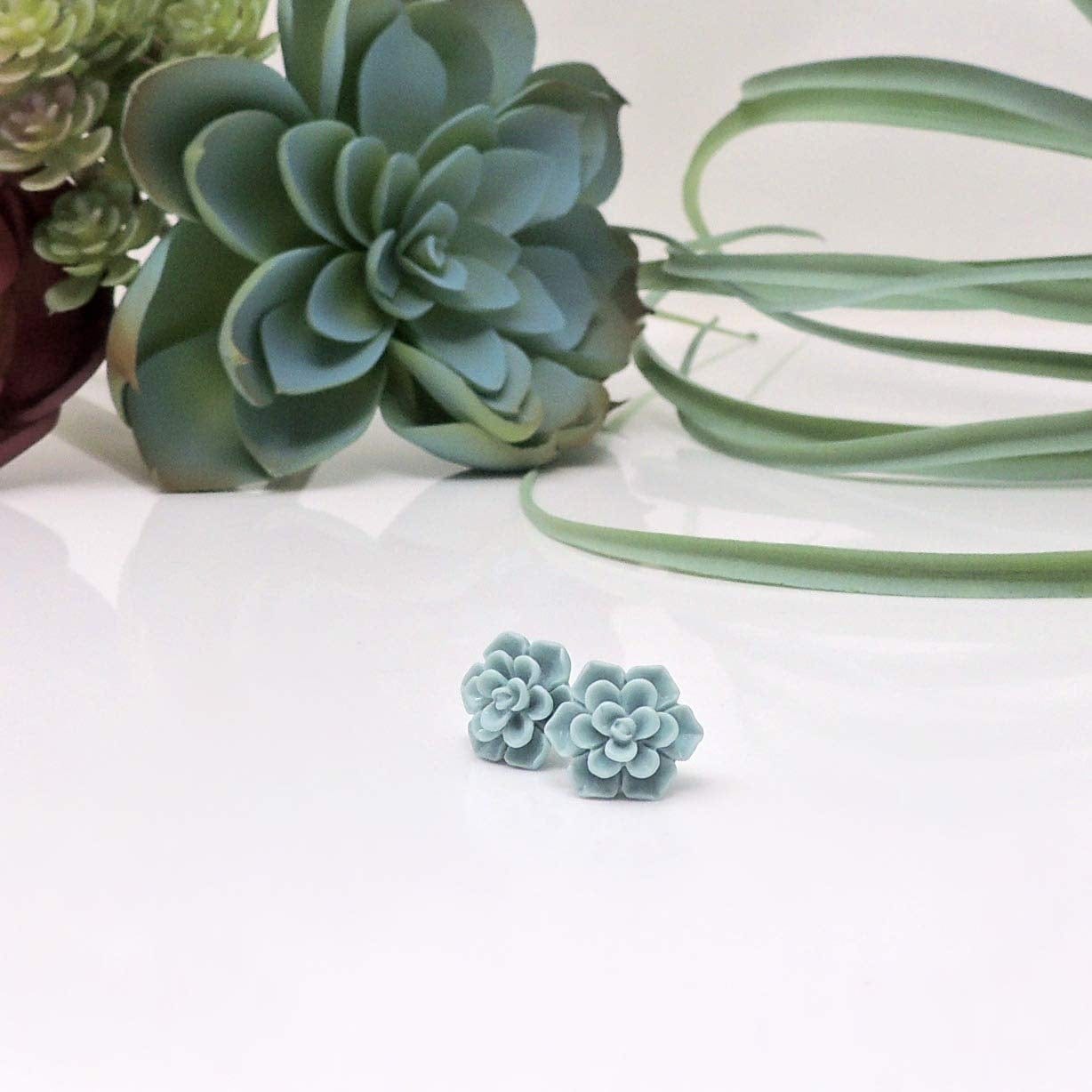Hypoallergenic Succulent Earrings on Plastic Posts, 13Mm (Matte Aqua Blue)