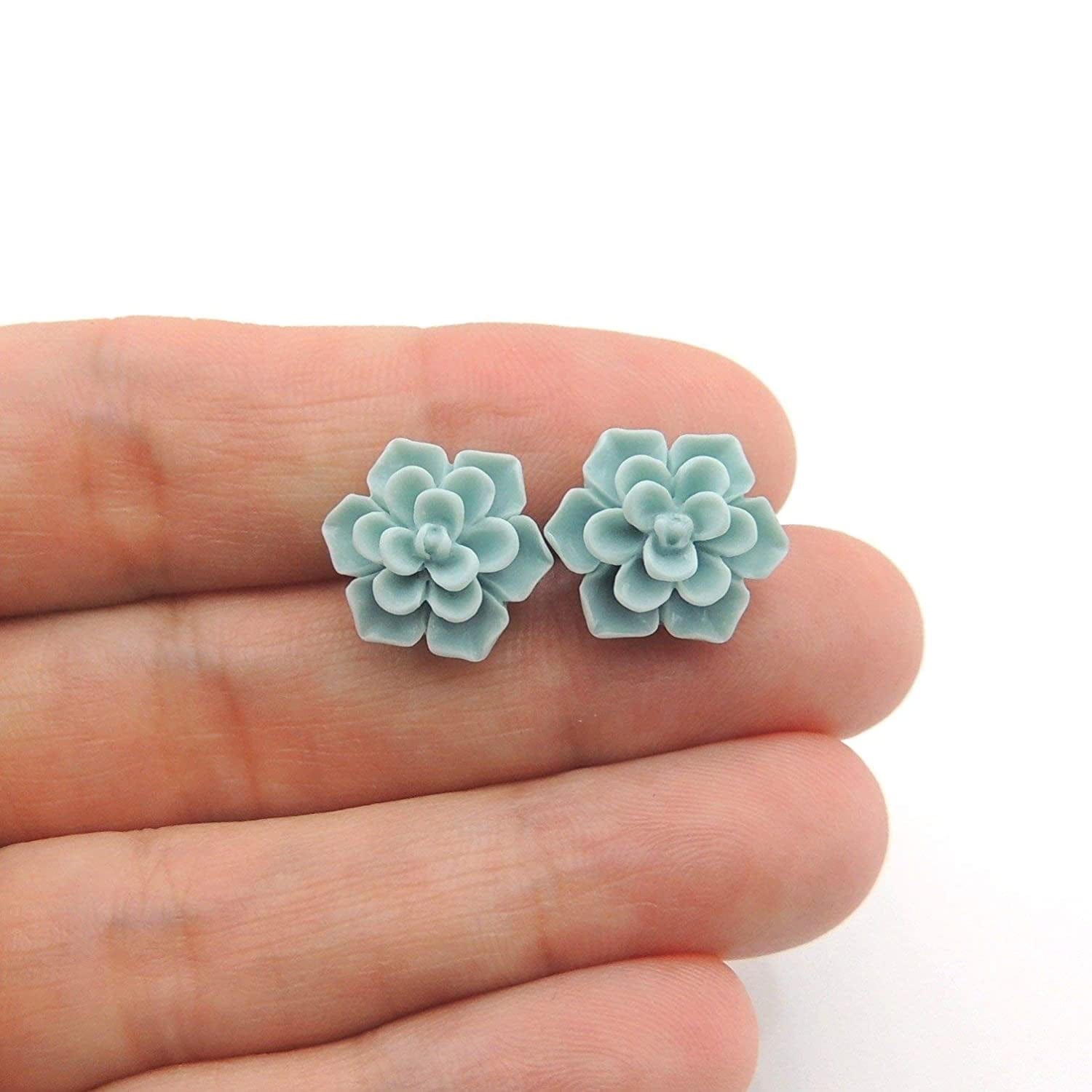 Hypoallergenic Succulent Earrings on Plastic Posts, 13Mm (Matte Aqua Blue)
