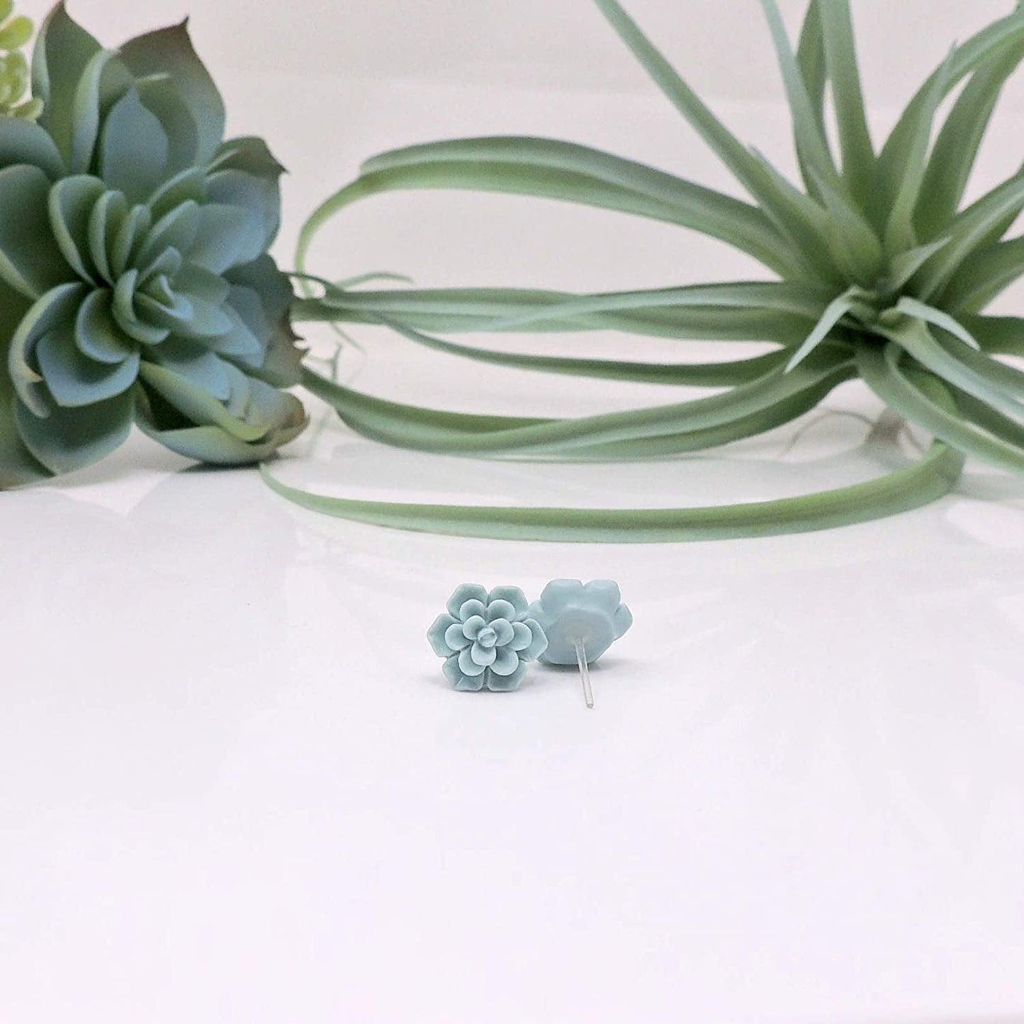 Hypoallergenic Succulent Earrings on Plastic Posts, 13Mm (Matte Aqua Blue)