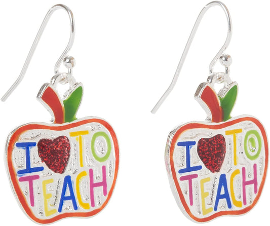 - I Love to Teach Apple Enamel Dangle Teacher Earrings