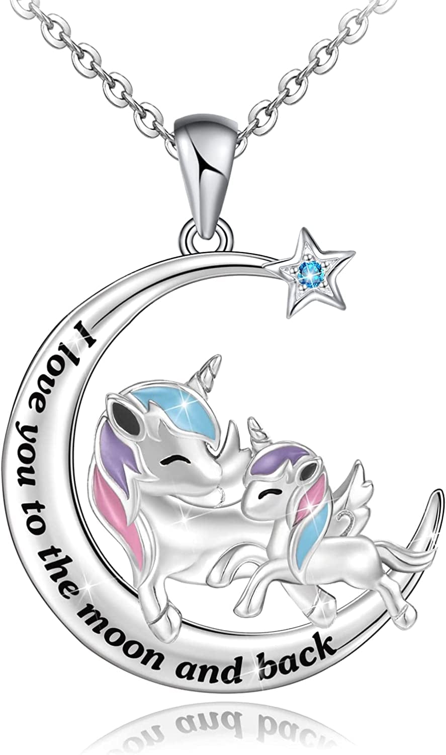 I Love You to the Moon and Back Necklace for Women,925 Sterling Silver Double Bunny Rabbit Panda Necklace Valentines Day Jewelry Gifts for Women Mom Daughter Wife Girls Unicorn Necklace