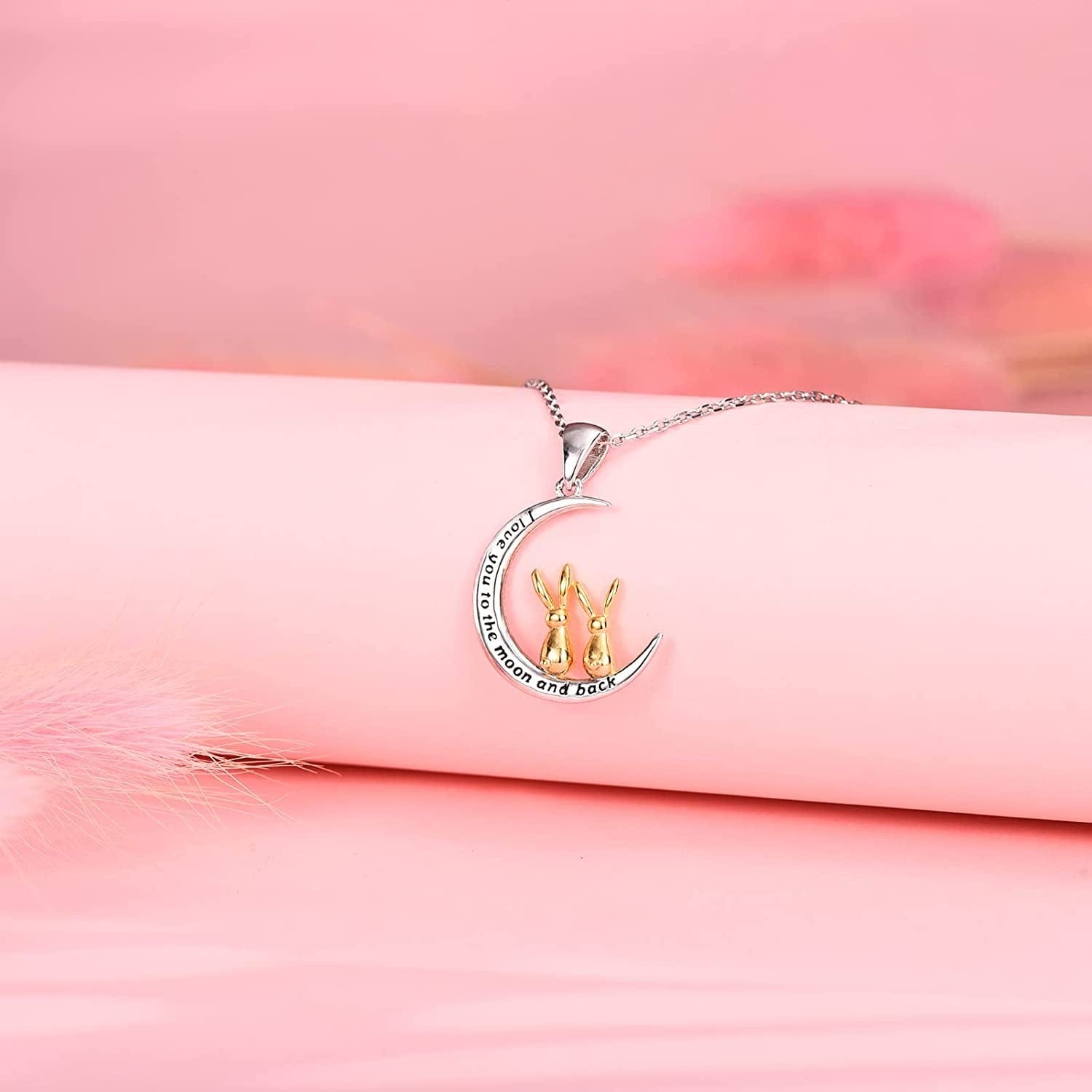 I Love You to the Moon and Back Necklace for Women,925 Sterling Silver Double Bunny Rabbit Panda Necklace Valentines Day Jewelry Gifts for Women Mom Daughter Wife Girls