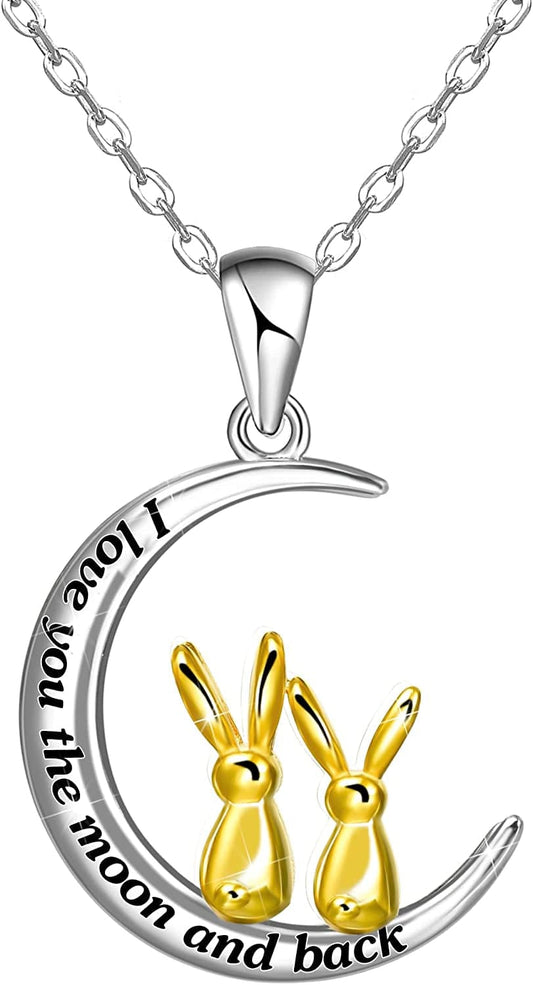 I Love You to the Moon and Back Necklace for Women,925 Sterling Silver Double Bunny Rabbit Panda Necklace Valentines Day Jewelry Gifts for Women Mom Daughter Wife Girls Bunny