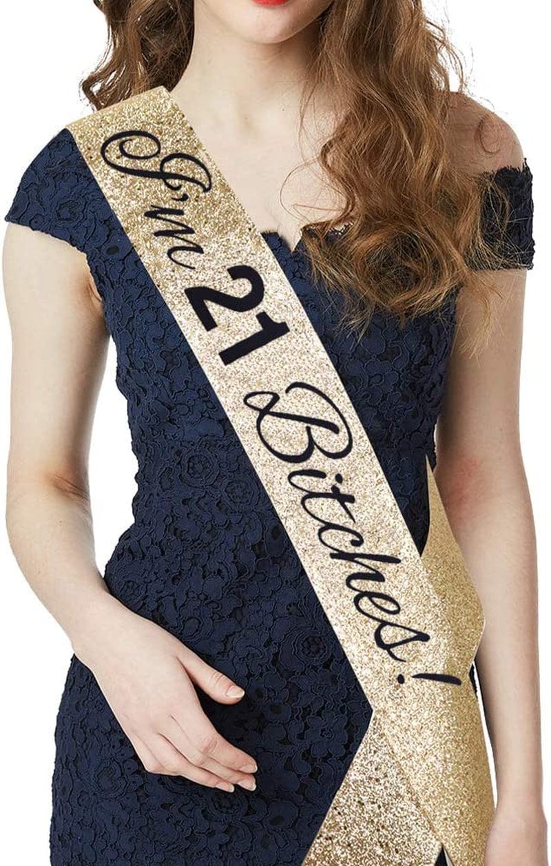 "I'M 21 Bitches!" Sash & Rhinestone Headband Set - 21St Birthday Gifts Birthday Sash for Women Birthday Party Supplies (Gold Glitter/Black) Apparel & Accessories > Clothing Accessories > Sashes ADBetty