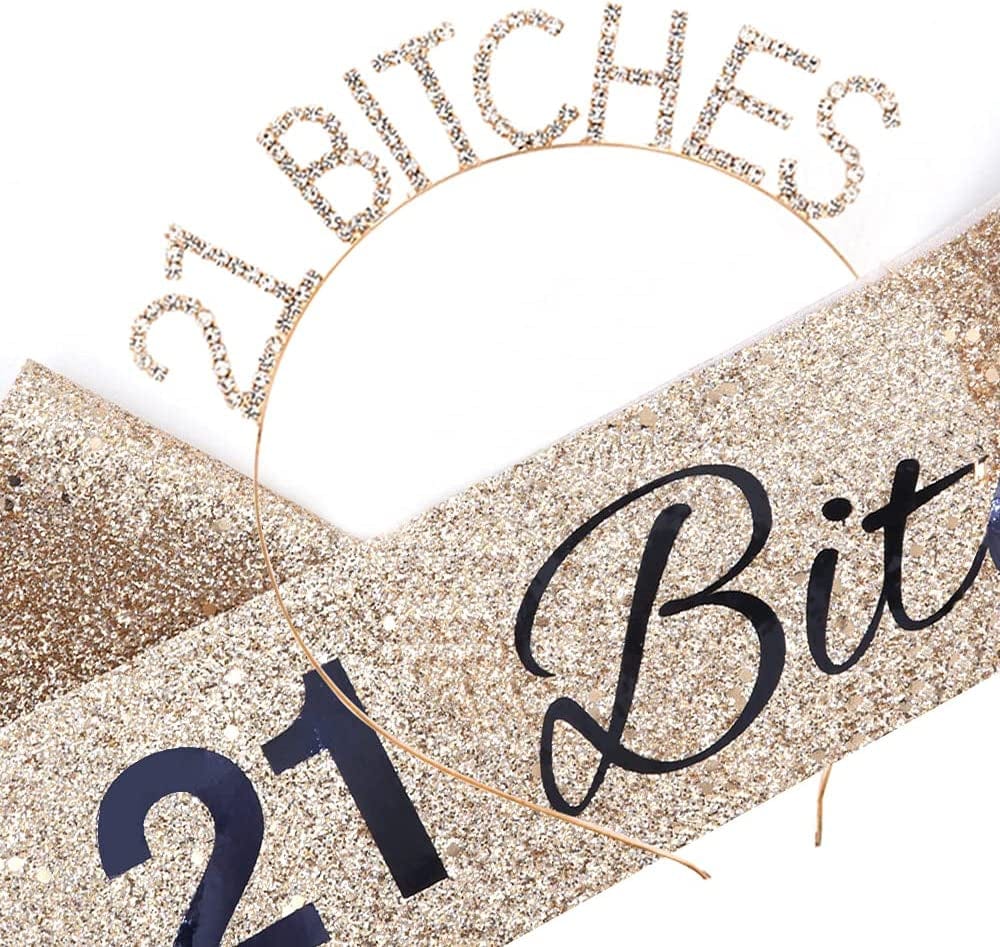 "I'M 21 Bitches!" Sash & Rhinestone Headband Set - 21St Birthday Gifts Birthday Sash for Women Birthday Party Supplies (Gold Glitter/Black) Apparel & Accessories > Clothing Accessories > Sashes ADBetty