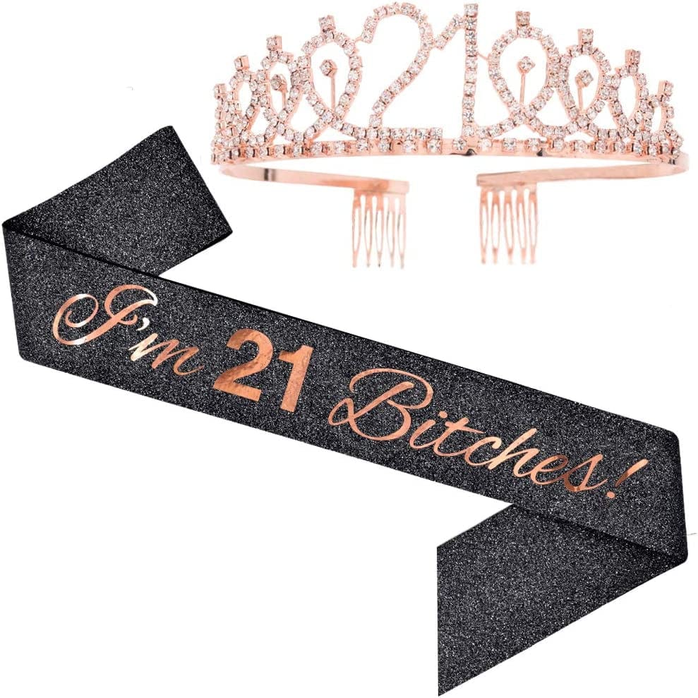 "I'M 21 Bitches!" Sash & Rhinestone Tiara Set - 21St Birthday Gifts Birthday Sash for Women Birthday Party Supplies (Black Glitter/Rose Gold) Apparel & Accessories > Clothing Accessories > Sashes ADBetty