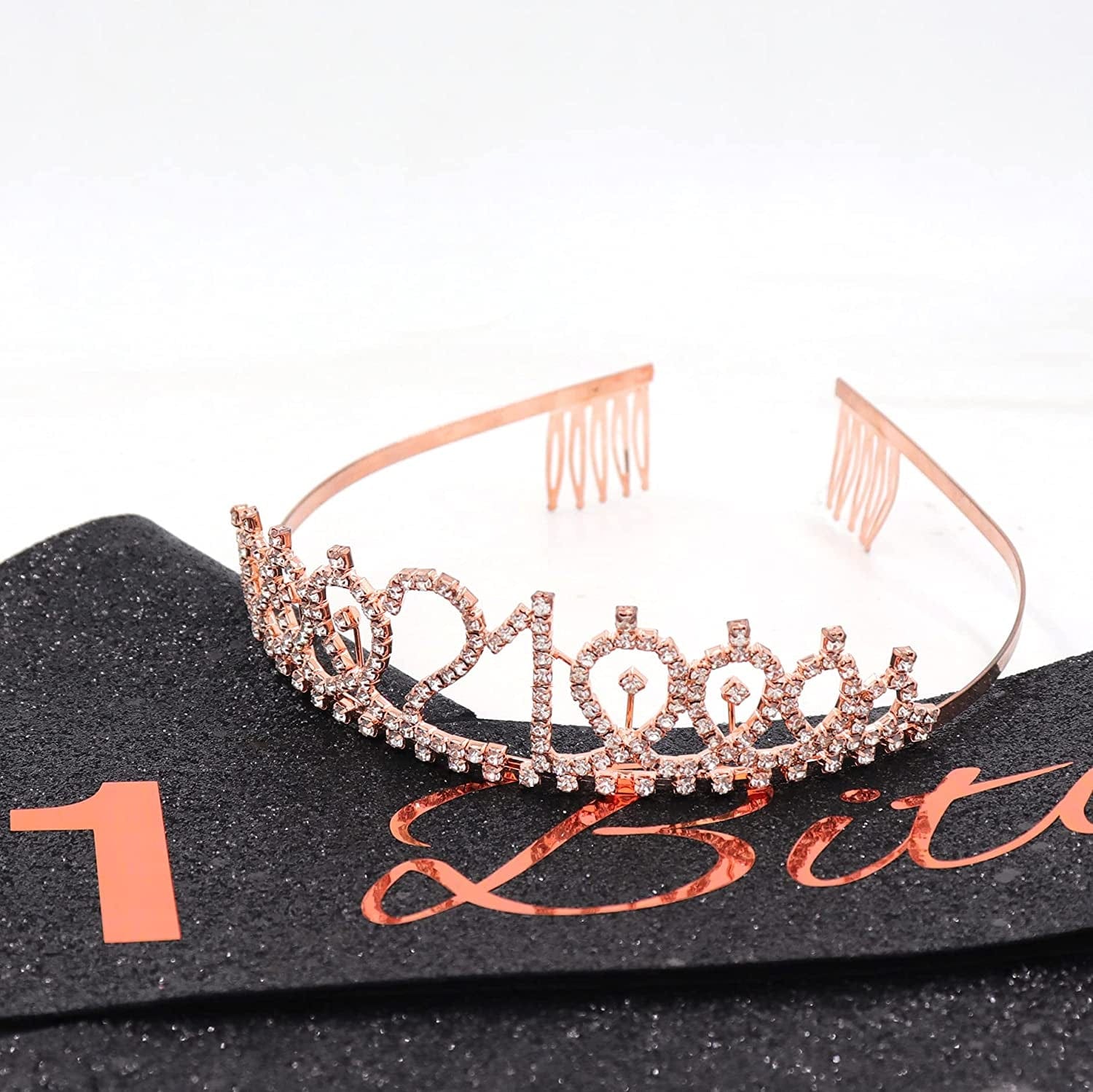 "I'M 21 Bitches!" Sash & Rhinestone Tiara Set - 21St Birthday Gifts Birthday Sash for Women Birthday Party Supplies (Black Glitter/Rose Gold) Apparel & Accessories > Clothing Accessories > Sashes ADBetty