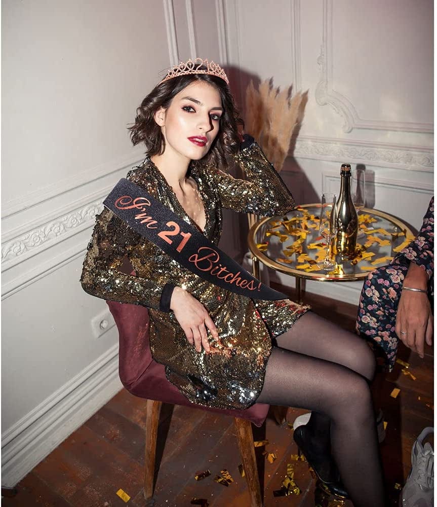 "I'M 21 Bitches!" Sash & Rhinestone Tiara Set - 21St Birthday Gifts Birthday Sash for Women Birthday Party Supplies (Black Glitter/Rose Gold) Apparel & Accessories > Clothing Accessories > Sashes ADBetty