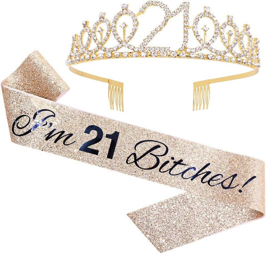 "I'M 21 Bitches!" Sash & Rhinestone Tiara Set - 21St Birthday Gifts Birthday Sash for Women Fun Party Favors Birthday Party Supplies (Gold Glitter with Black Lettering) Apparel & Accessories > Clothing Accessories > Sashes ADBetty