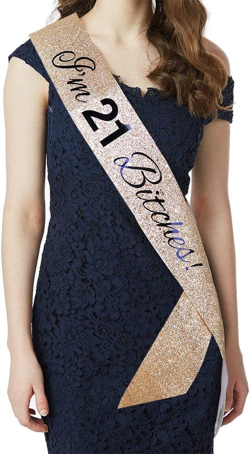 "I'M 21 Bitches!" Sash & Rhinestone Tiara Set - 21St Birthday Gifts Birthday Sash for Women Fun Party Favors Birthday Party Supplies (Gold Glitter with Black Lettering) Apparel & Accessories > Clothing Accessories > Sashes ADBetty