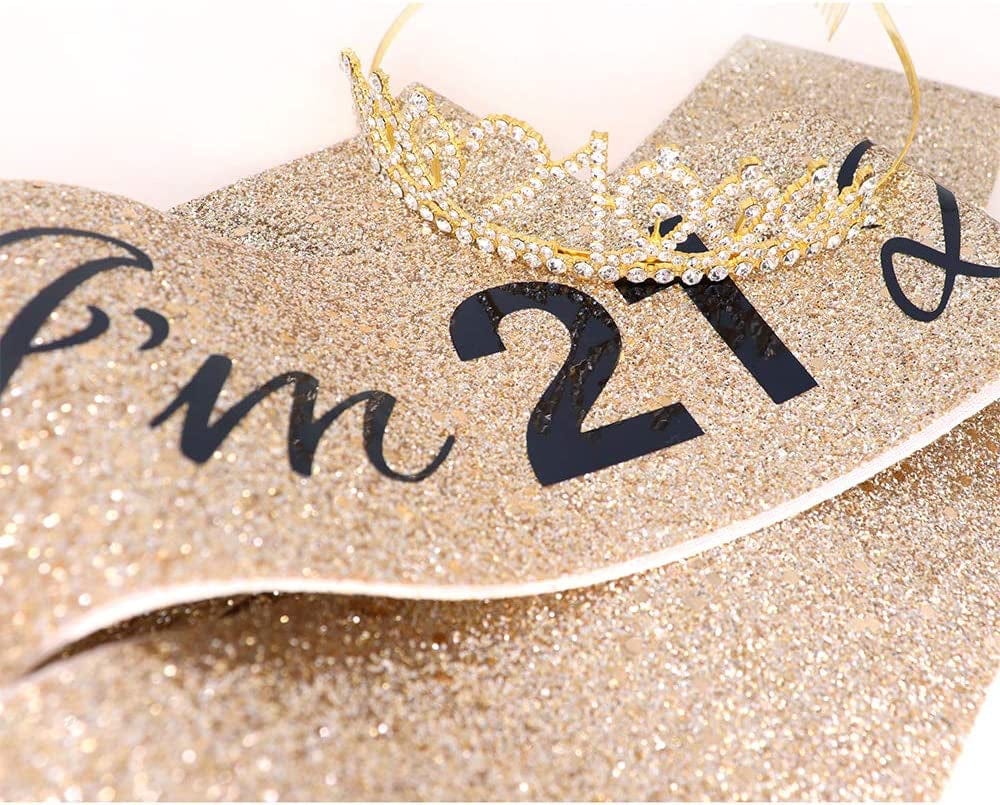 "I'M 21 Bitches!" Sash & Rhinestone Tiara Set - 21St Birthday Gifts Birthday Sash for Women Fun Party Favors Birthday Party Supplies (Gold Glitter with Black Lettering) Apparel & Accessories > Clothing Accessories > Sashes ADBetty