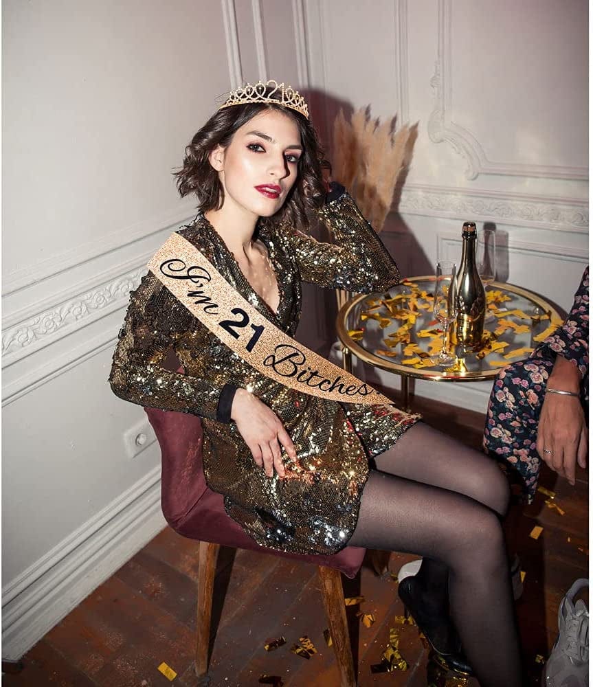 "I'M 21 Bitches!" Sash & Rhinestone Tiara Set - 21St Birthday Gifts Birthday Sash for Women Fun Party Favors Birthday Party Supplies (Gold Glitter with Black Lettering) Apparel & Accessories > Clothing Accessories > Sashes ADBetty