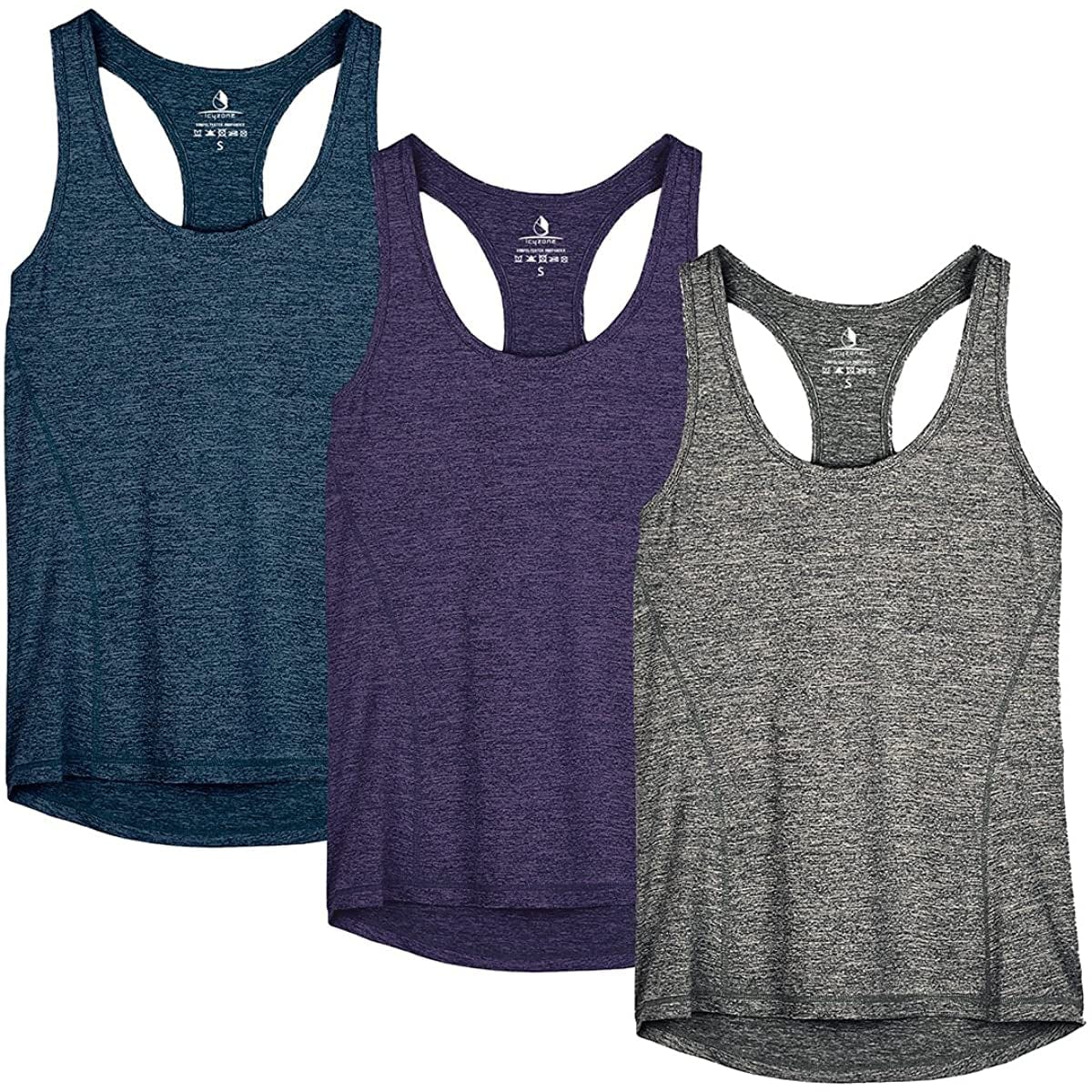 Icyzone Workout Tank Tops for Women - Racerback Athletic Yoga Tops, Running Exercise Gym Shirts(Pack of 3) Royal Blue/Purple/Charcoal / Large