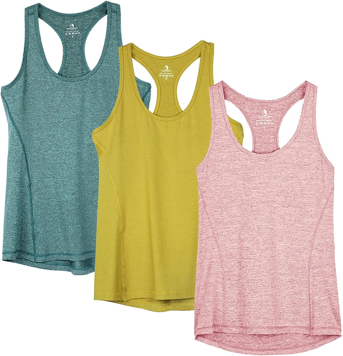 Icyzone Workout Tank Tops for Women - Racerback Athletic Yoga Tops, Running Exercise Gym Shirts(Pack of 3) Mustard/Lilac Snow/Teal / Large