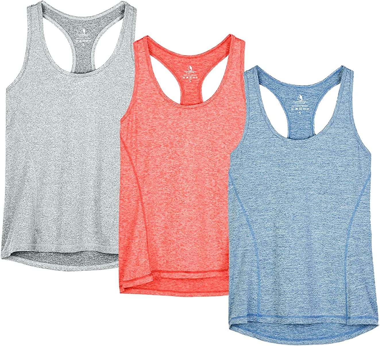 Icyzone Workout Tank Tops for Women - Racerback Athletic Yoga Tops, Running Exercise Gym Shirts(Pack of 3) Granite/Blue/Orange / Large