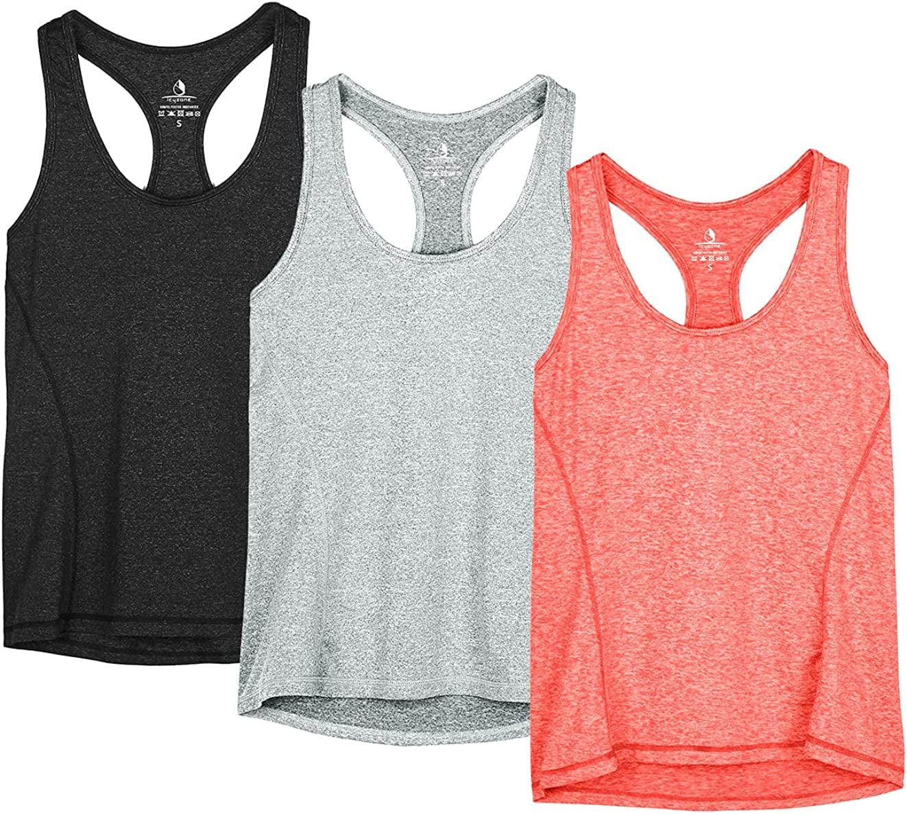 Icyzone Workout Tank Tops for Women - Racerback Athletic Yoga Tops, Running Exercise Gym Shirts(Pack of 3) Black/Granite/Orange / Large