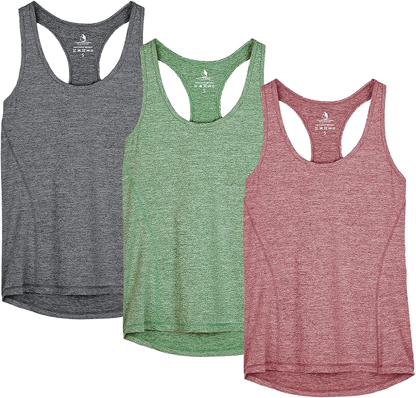 Icyzone Workout Tank Tops for Women - Racerback Athletic Yoga Tops, Running Exercise Gym Shirts(Pack of 3) Charcoal/Burgundy/Turf Green / Large