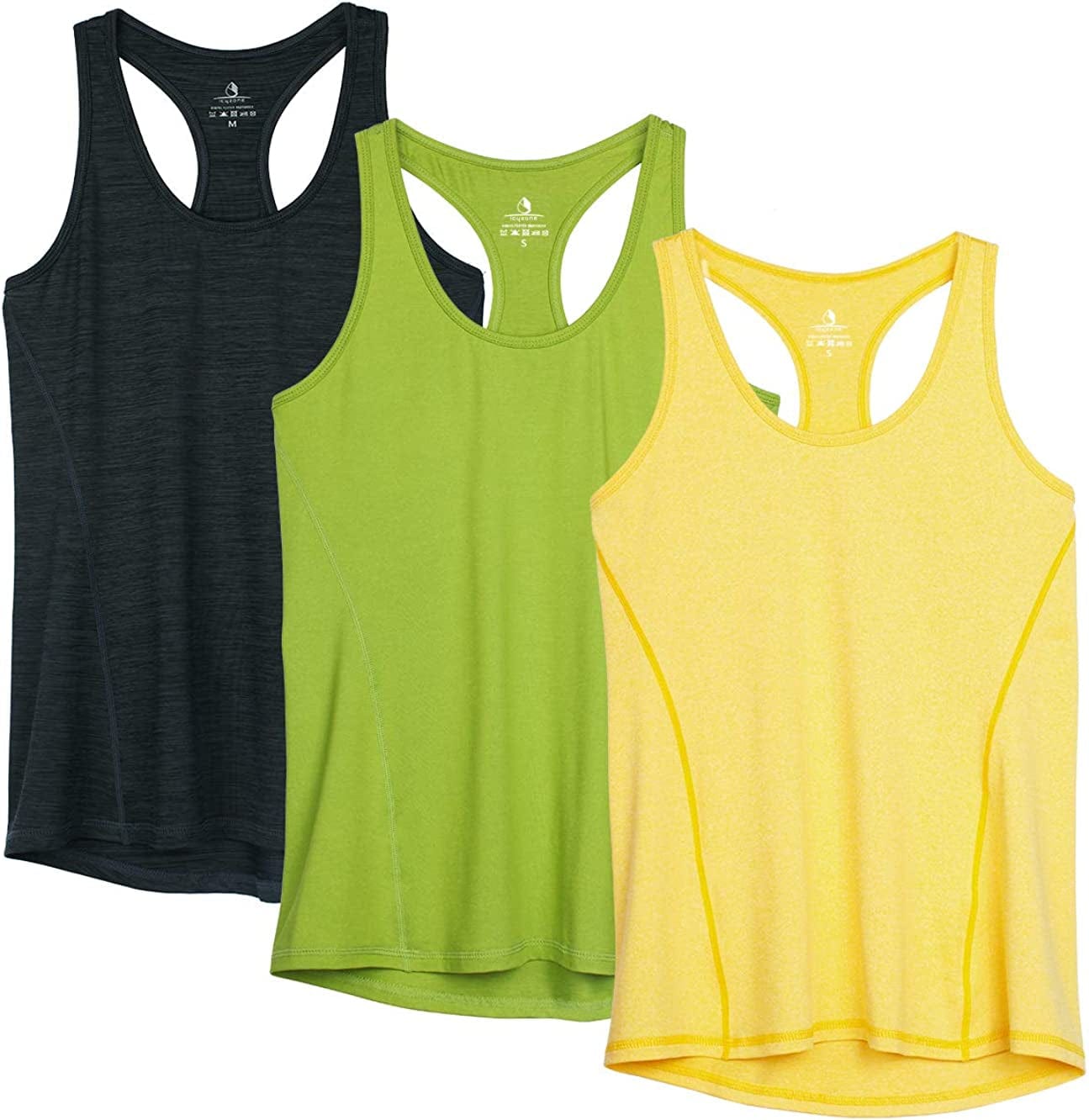 Icyzone Workout Tank Tops for Women - Racerback Athletic Yoga Tops, Running Exercise Gym Shirts(Pack of 3) Ombre Blue/Spectra Yellow/Green Glow / Large