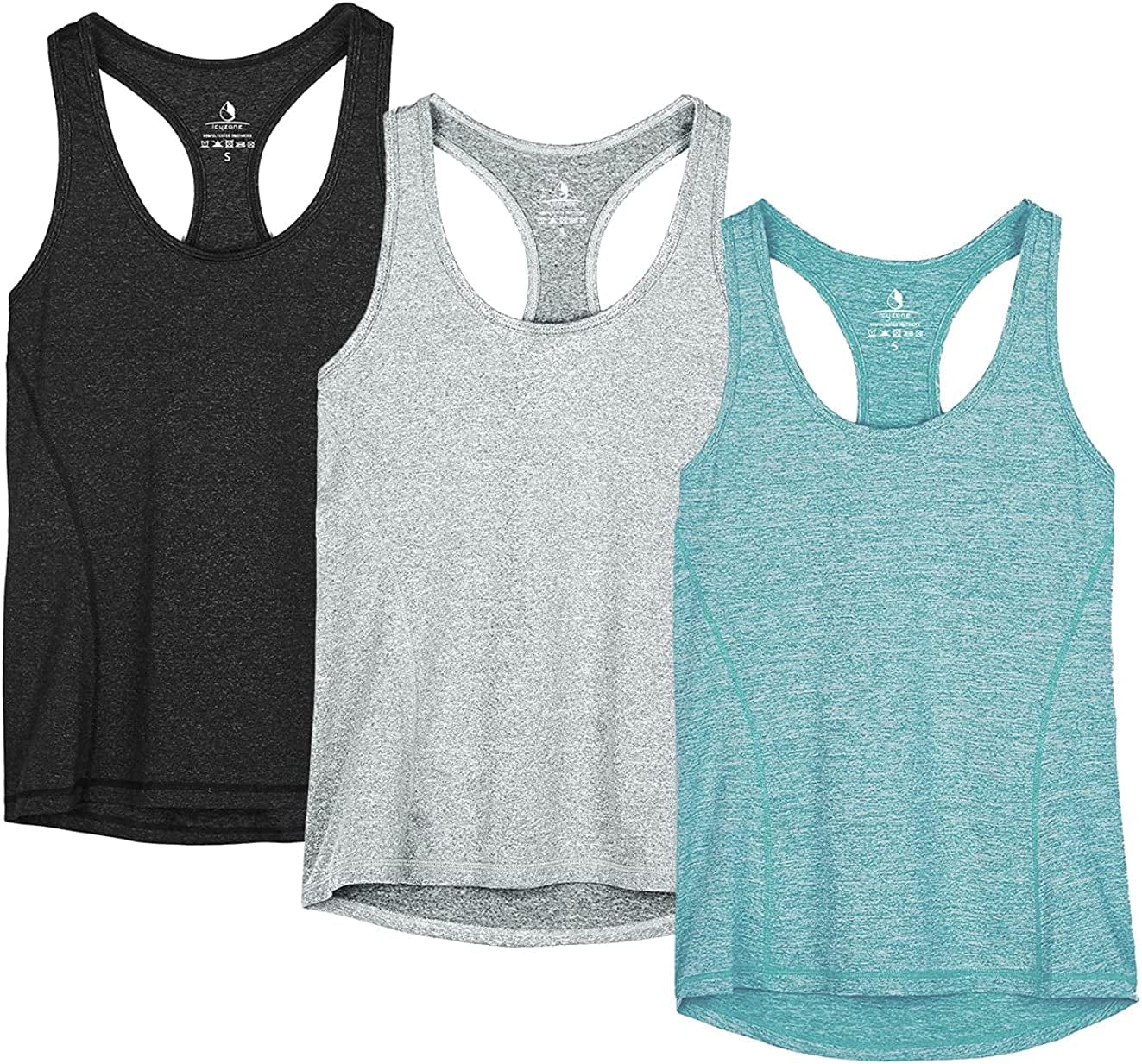 Icyzone Workout Tank Tops for Women - Racerback Athletic Yoga Tops, Running Exercise Gym Shirts(Pack of 3) Black/Granite/Green / Large