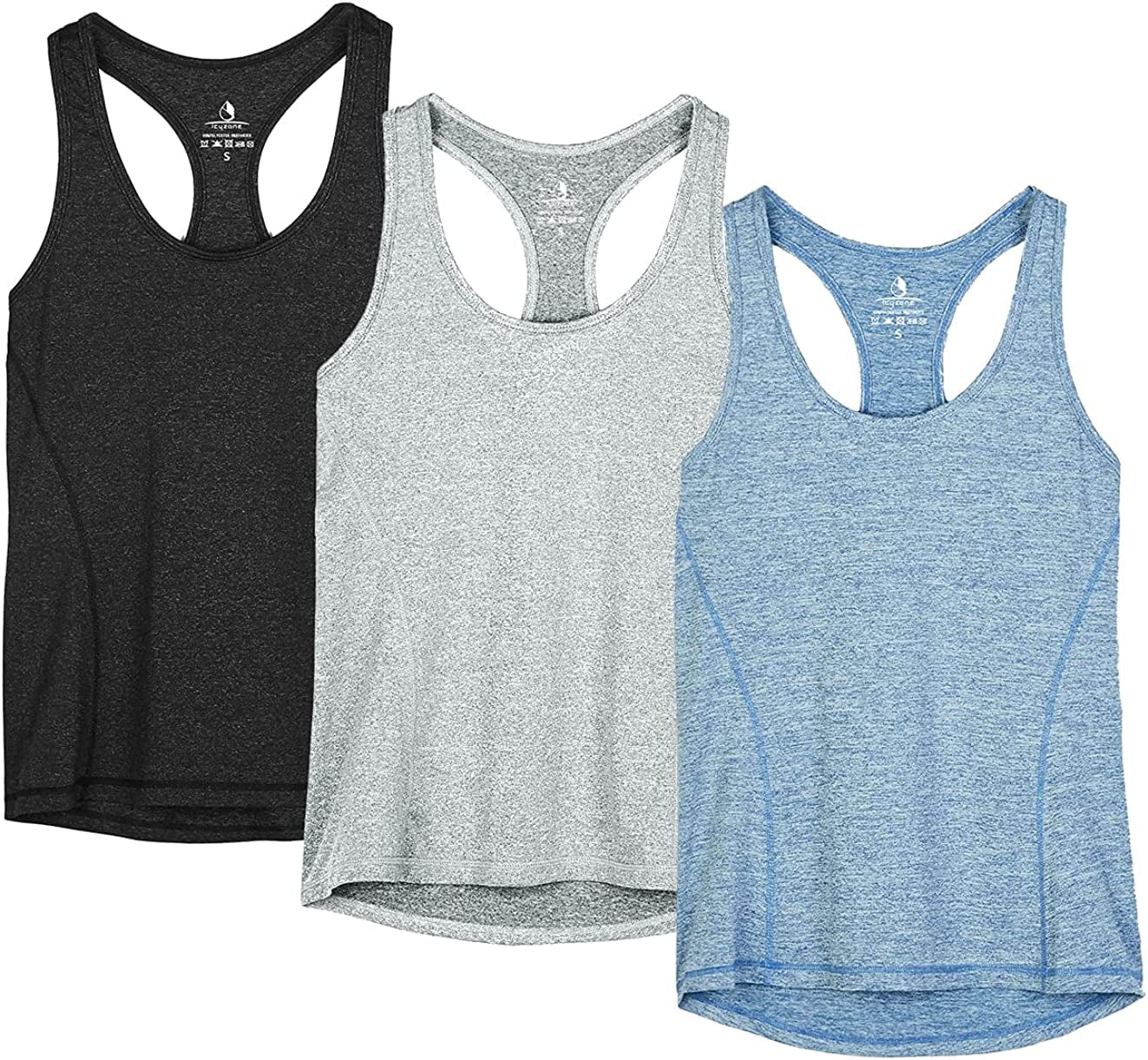 Icyzone Workout Tank Tops for Women - Racerback Athletic Yoga Tops, Running Exercise Gym Shirts(Pack of 3) Black/Granite/Blue / Large