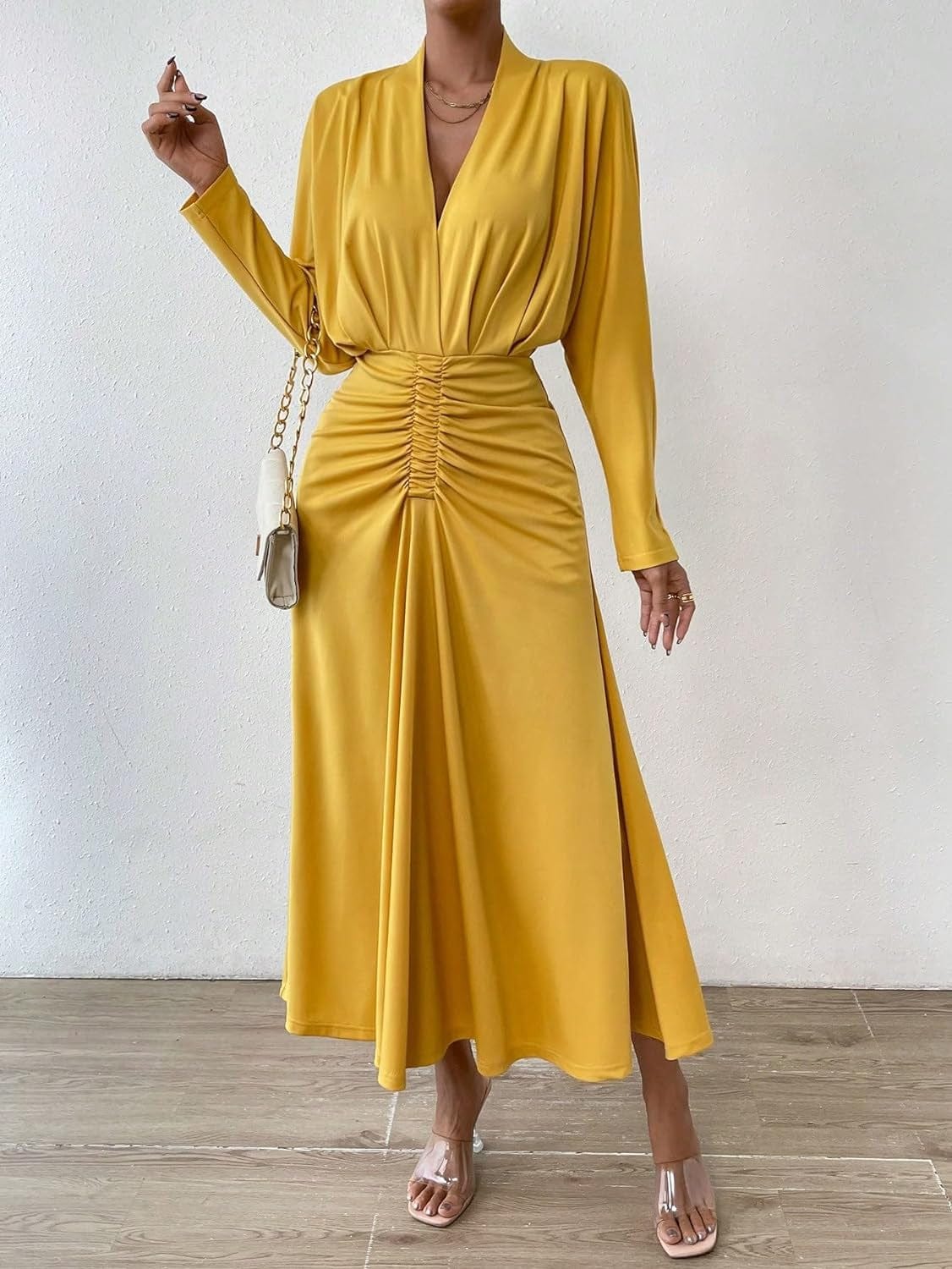 IFAJOOR Womens Dresses, Solid Ruched Front Ruched Waist A-Line Dress, Casual Dresses for Women