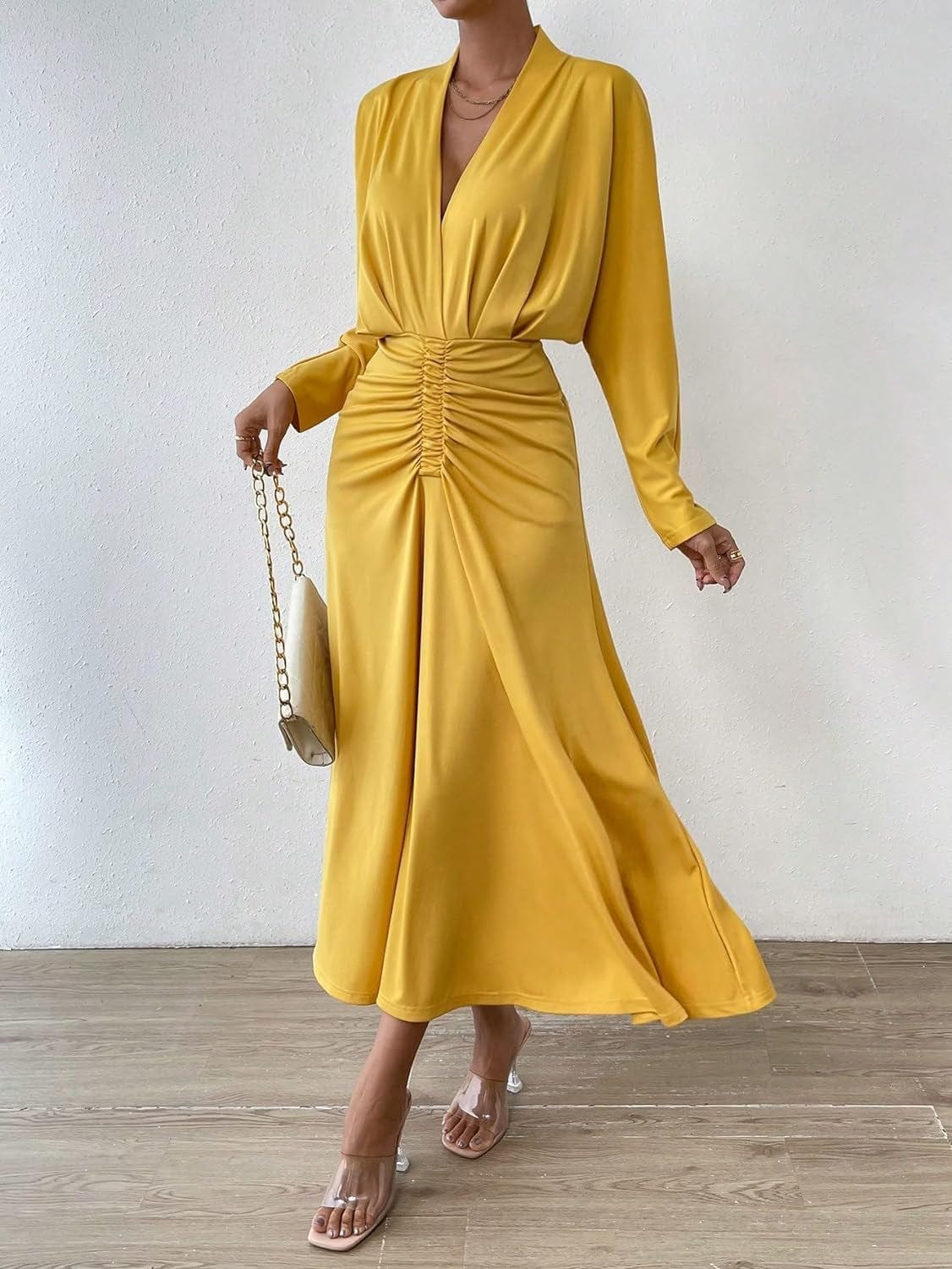 IFAJOOR Womens Dresses, Solid Ruched Front Ruched Waist A-Line Dress, Casual Dresses for Women