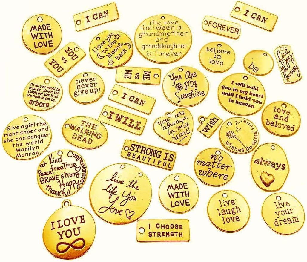 Ilovediybeads 30Pcs Inspiration Words Charms Craft Supplies Mixed Pendants Beads Charms Pendants for Crafting, Jewelry Findings Making Accessory for DIY Necklace Bracelet (M044) Antique Gold