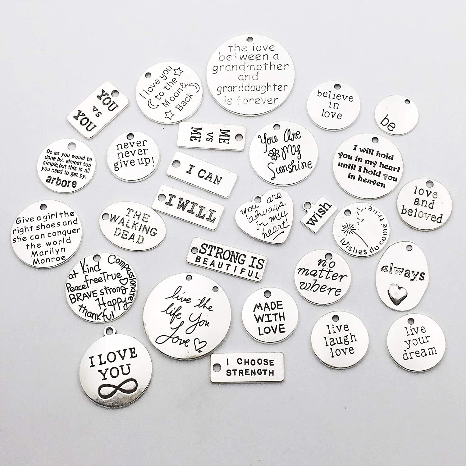 Ilovediybeads 30Pcs Inspiration Words Charms Craft Supplies Mixed Pendants Beads Charms Pendants for Crafting, Jewelry Findings Making Accessory for DIY Necklace Bracelet (M044)