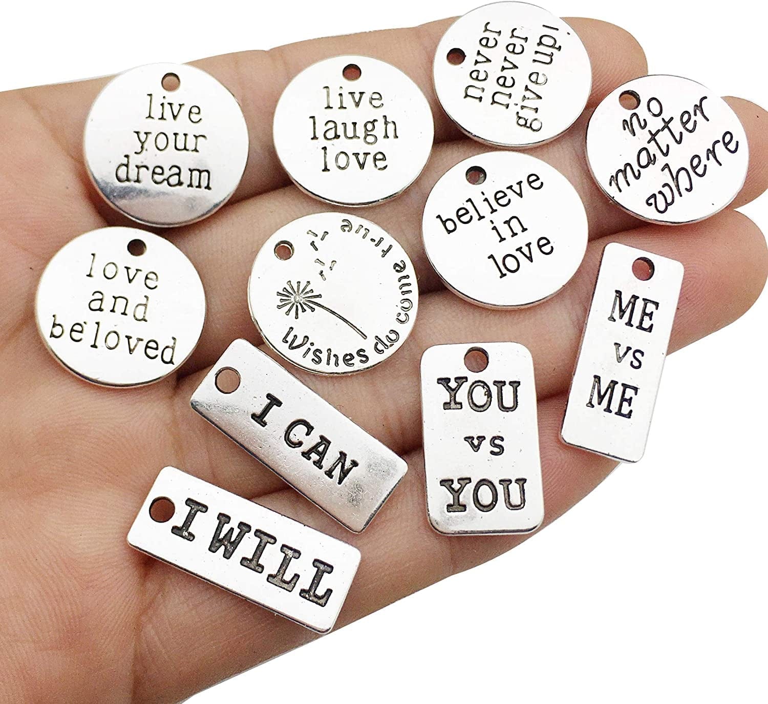 Ilovediybeads 30Pcs Inspiration Words Charms Craft Supplies Mixed Pendants Beads Charms Pendants for Crafting, Jewelry Findings Making Accessory for DIY Necklace Bracelet (M044)