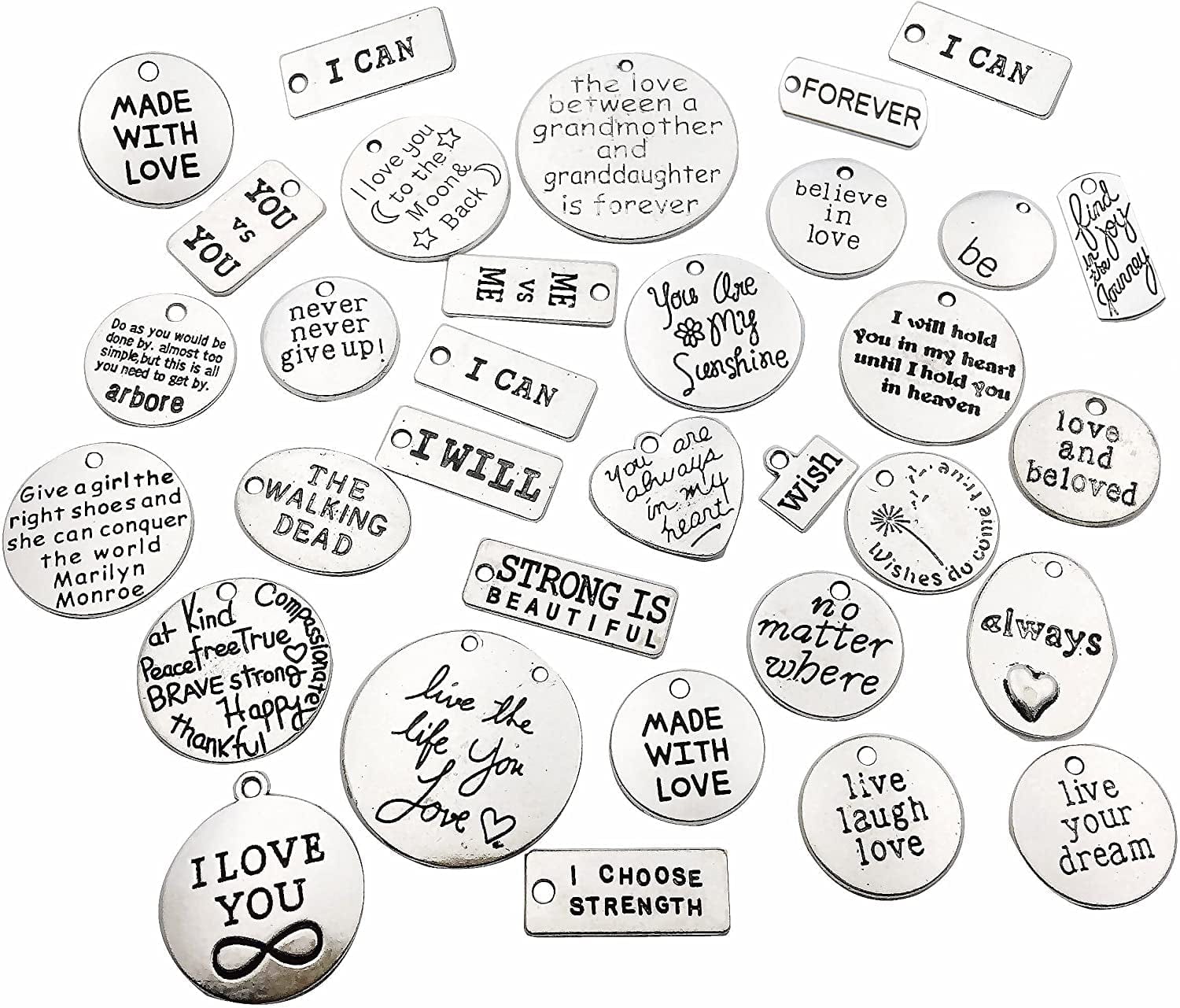 Ilovediybeads 30Pcs Inspiration Words Charms Craft Supplies Mixed Pendants Beads Charms Pendants for Crafting, Jewelry Findings Making Accessory for DIY Necklace Bracelet (M044) silver