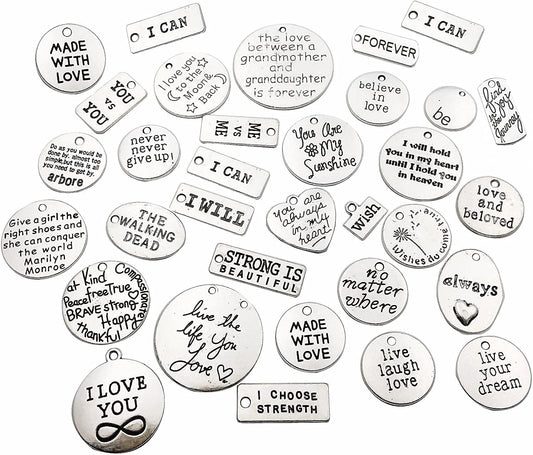 Ilovediybeads 30Pcs Inspiration Words Charms Craft Supplies Mixed Pendants Beads Charms Pendants for Crafting, Jewelry Findings Making Accessory for DIY Necklace Bracelet (M044) silver