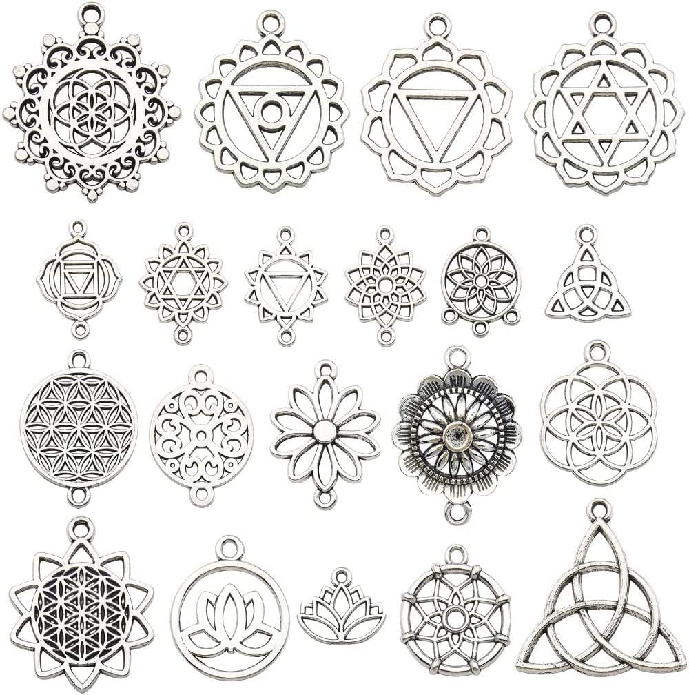 Ilovediybeads 40Pcs Craft Supplies Antique Silver the Seed of Life Lotus Flower of Life Charms Pendants for Crafting, Jewelry Findings Making Accessory for DIY Necklace Bracelet (M144) Assorted,Silver