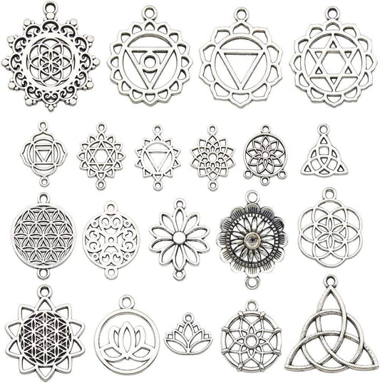 Ilovediybeads 40Pcs Craft Supplies Antique Silver the Seed of Life Lotus Flower of Life Charms Pendants for Crafting, Jewelry Findings Making Accessory for DIY Necklace Bracelet (M144) Assorted,Silver