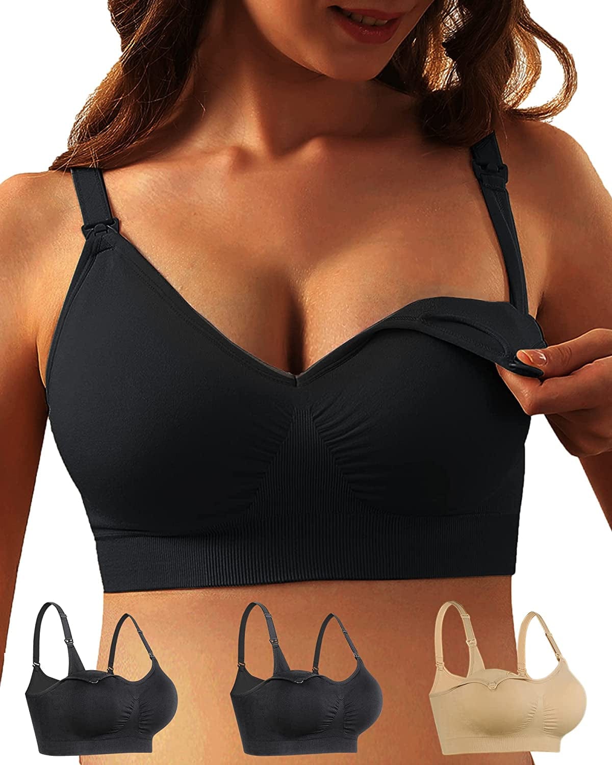 Ilovesia 3PACK Womens Full Bust Nursing Bra Seamless Maternity Bra Nude+black+black / Small