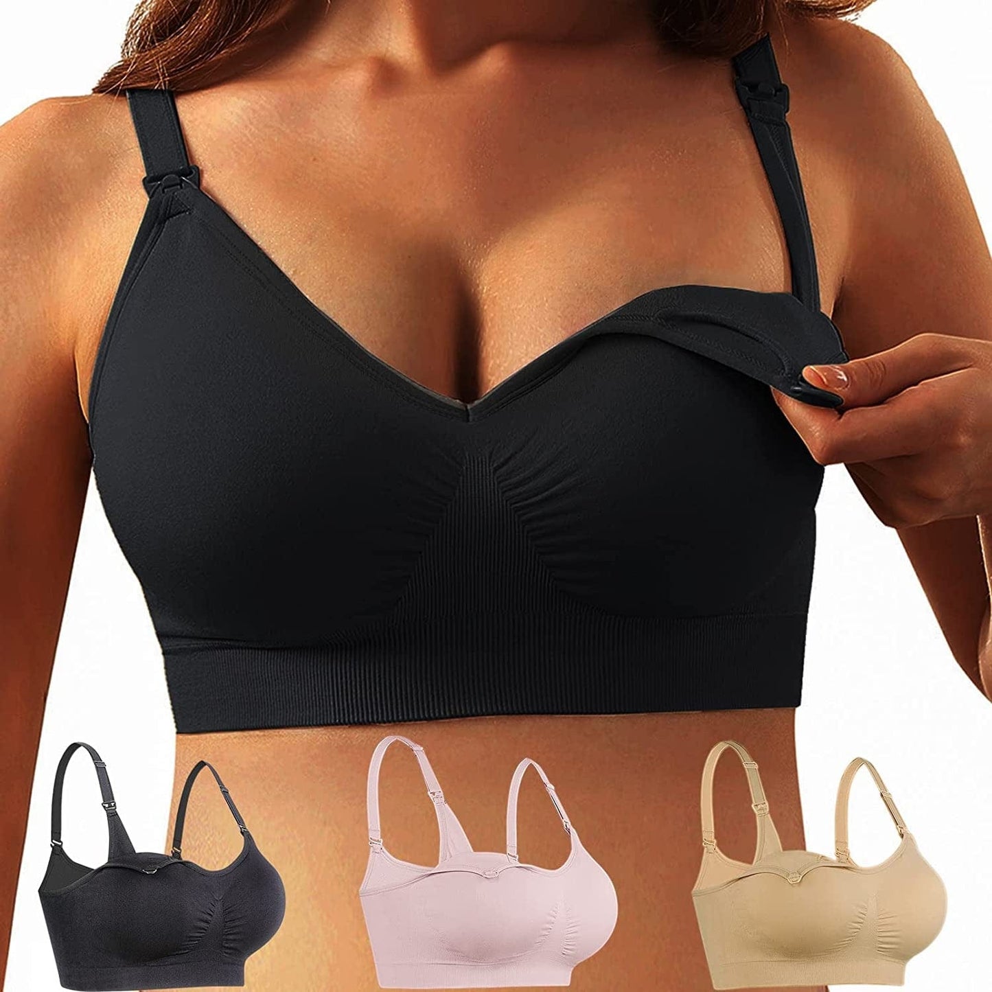 Ilovesia 3PACK Womens Full Bust Nursing Bra Seamless Maternity Bra Black+nude+pink / Small