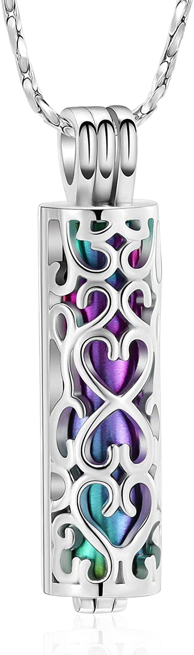 Imrsanl Cremation Urn Pendant Necklace with Hollow Cylinder Vial Keepsake Urn Cremation Jewelry Memorial Lockets for Ashes for Women Men Silver Colorful