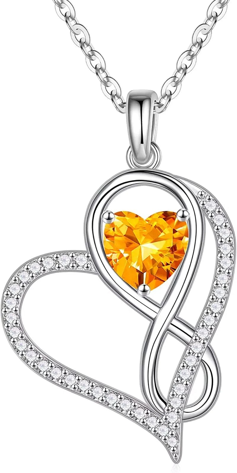 Infinite Love Heart Pendant Necklaces for Women, 925 Sterling Silver Love You Gifts Heart Birthstone Necklace Valentines Mothers Day Christmas Birthday Gifts for Women Mom Grandma Sister Daughter 11-Nov-Citrine