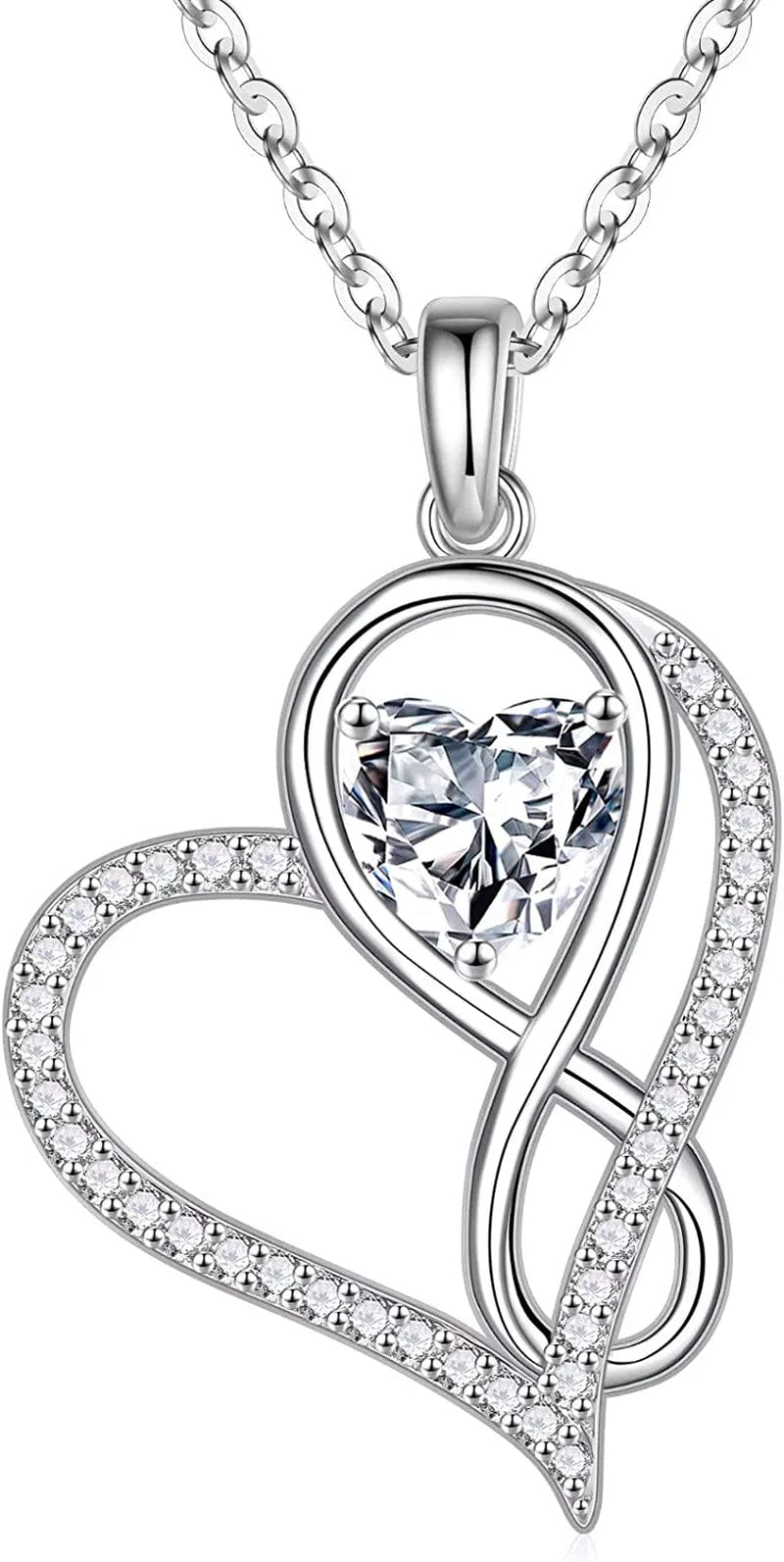 Infinite Love Heart Pendant Necklaces for Women, 925 Sterling Silver Love You Gifts Heart Birthstone Necklace Valentines Mothers Day Christmas Birthday Gifts for Women Mom Grandma Sister Daughter 4-Apr-Natural White Topaz
