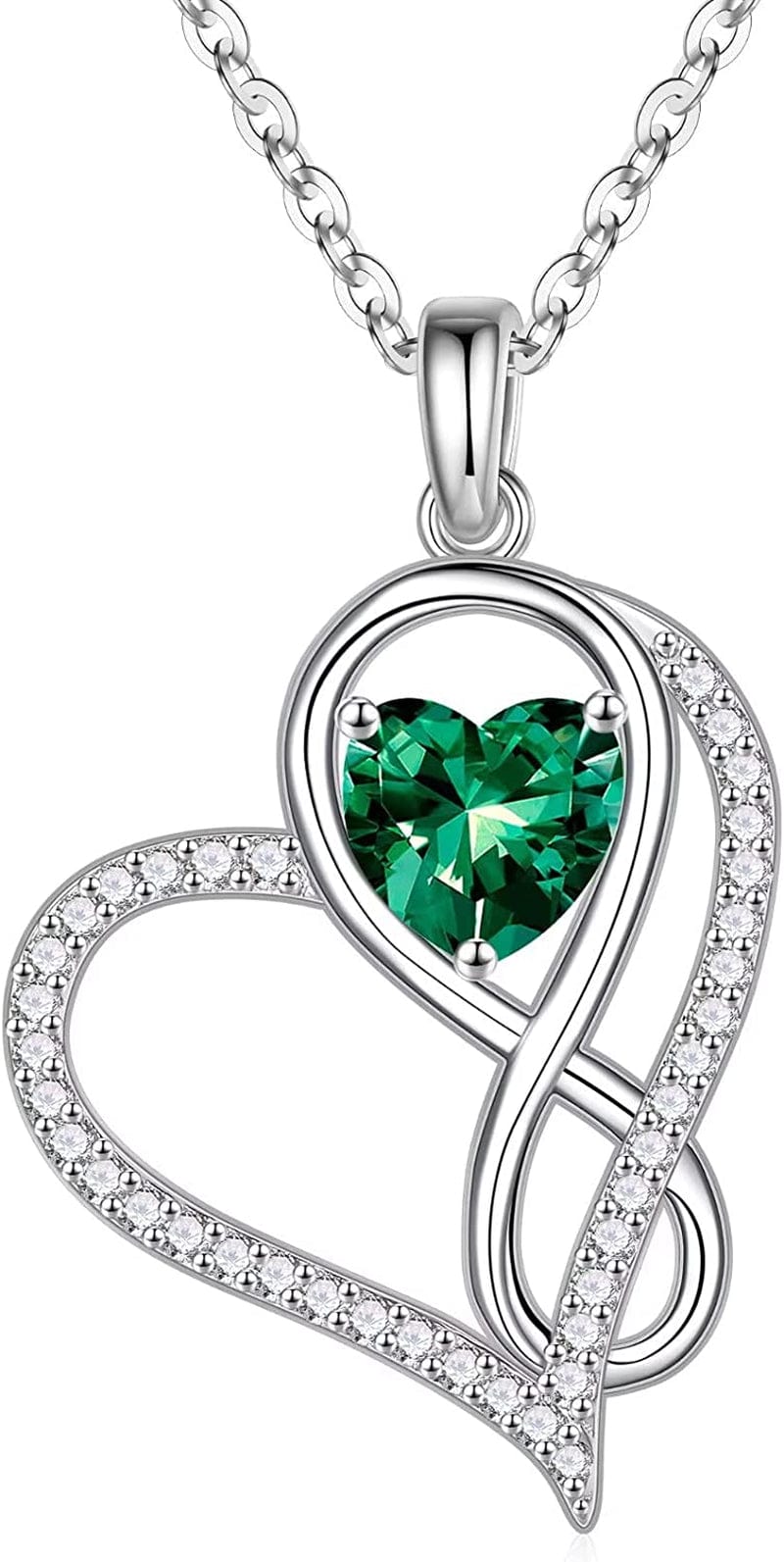 Infinite Love Heart Pendant Necklaces for Women, 925 Sterling Silver Love You Gifts Heart Birthstone Necklace Valentines Mothers Day Christmas Birthday Gifts for Women Mom Grandma Sister Daughter 5-May-Emerald