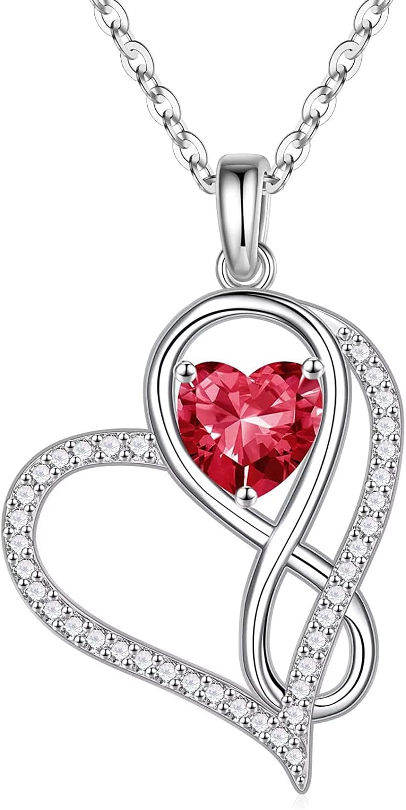Infinite Love Heart Pendant Necklaces for Women, 925 Sterling Silver Love You Gifts Heart Birthstone Necklace Valentines Mothers Day Christmas Birthday Gifts for Women Mom Grandma Sister Daughter 7-Jul-Ruby