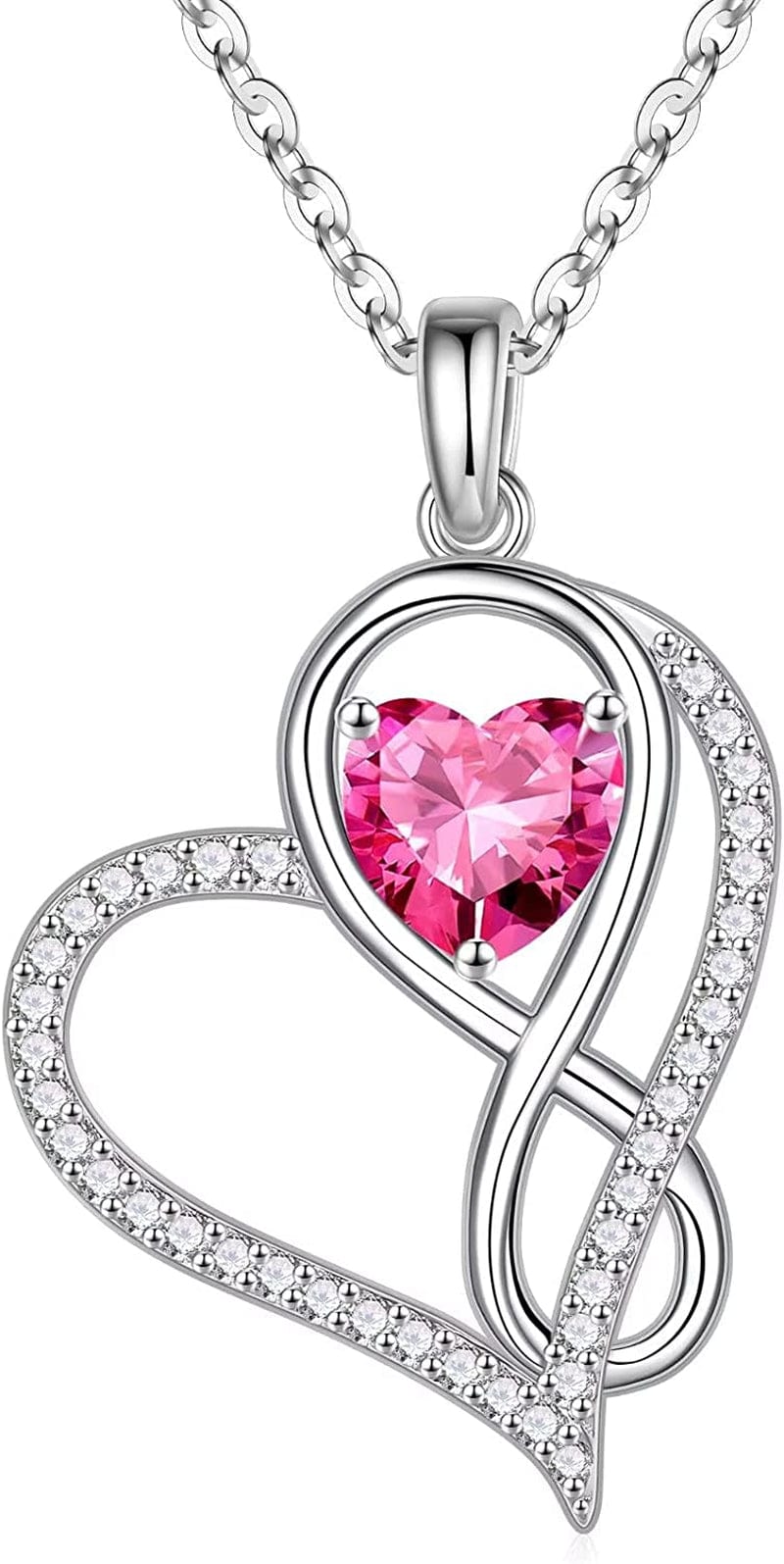 Infinite Love Heart Pendant Necklaces for Women, 925 Sterling Silver Love You Gifts Heart Birthstone Necklace Valentines Mothers Day Christmas Birthday Gifts for Women Mom Grandma Sister Daughter 10-Oct-Pink Sapphire