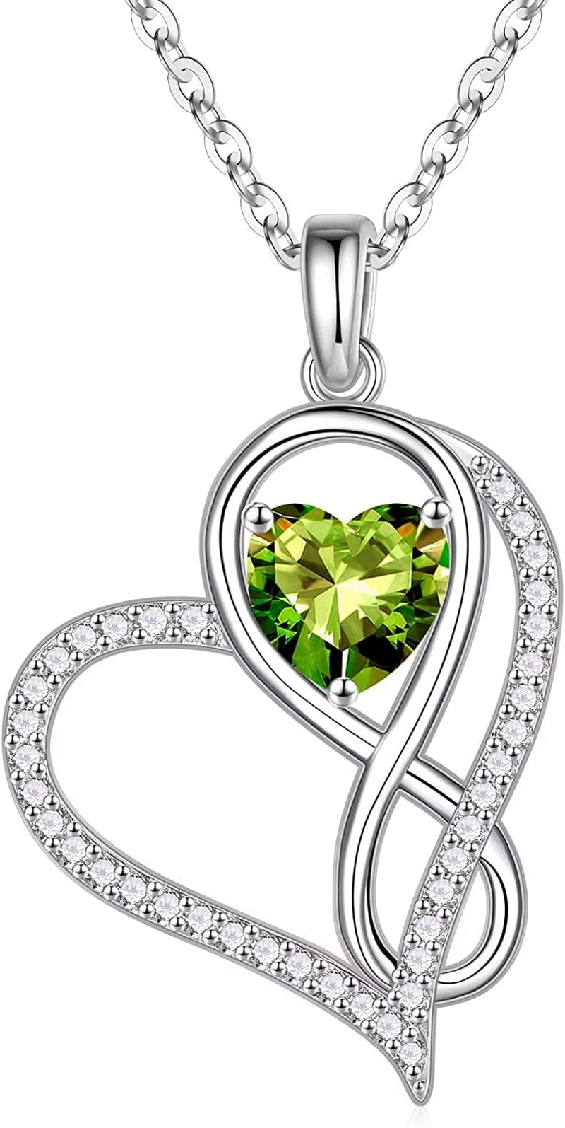 Infinite Love Heart Pendant Necklaces for Women, 925 Sterling Silver Love You Gifts Heart Birthstone Necklace Valentines Mothers Day Christmas Birthday Gifts for Women Mom Grandma Sister Daughter 8-Aug-Natural Peridot