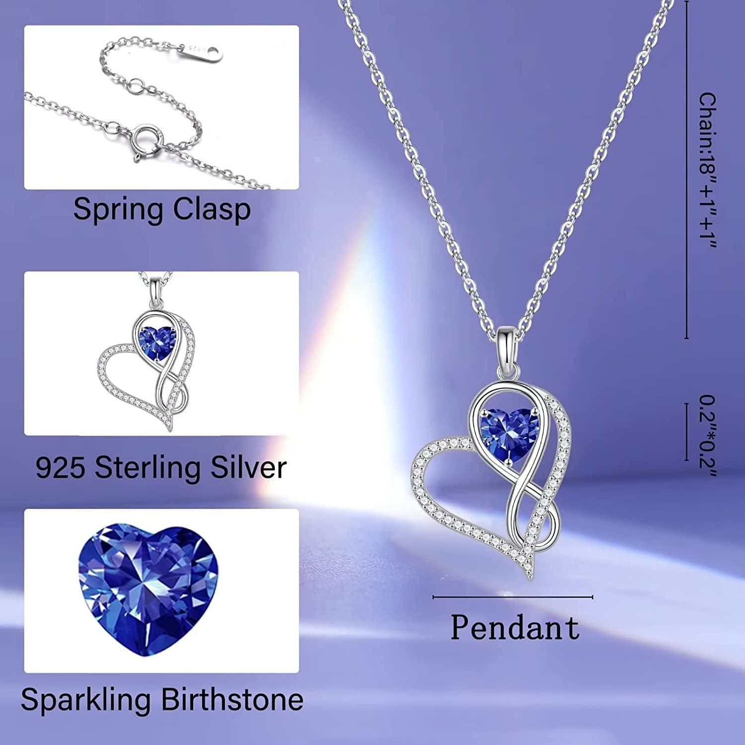Infinite Love Heart Pendant Necklaces for Women, 925 Sterling Silver Love You Gifts Heart Birthstone Necklace Valentines Mothers Day Christmas Birthday Gifts for Women Mom Grandma Sister Daughter