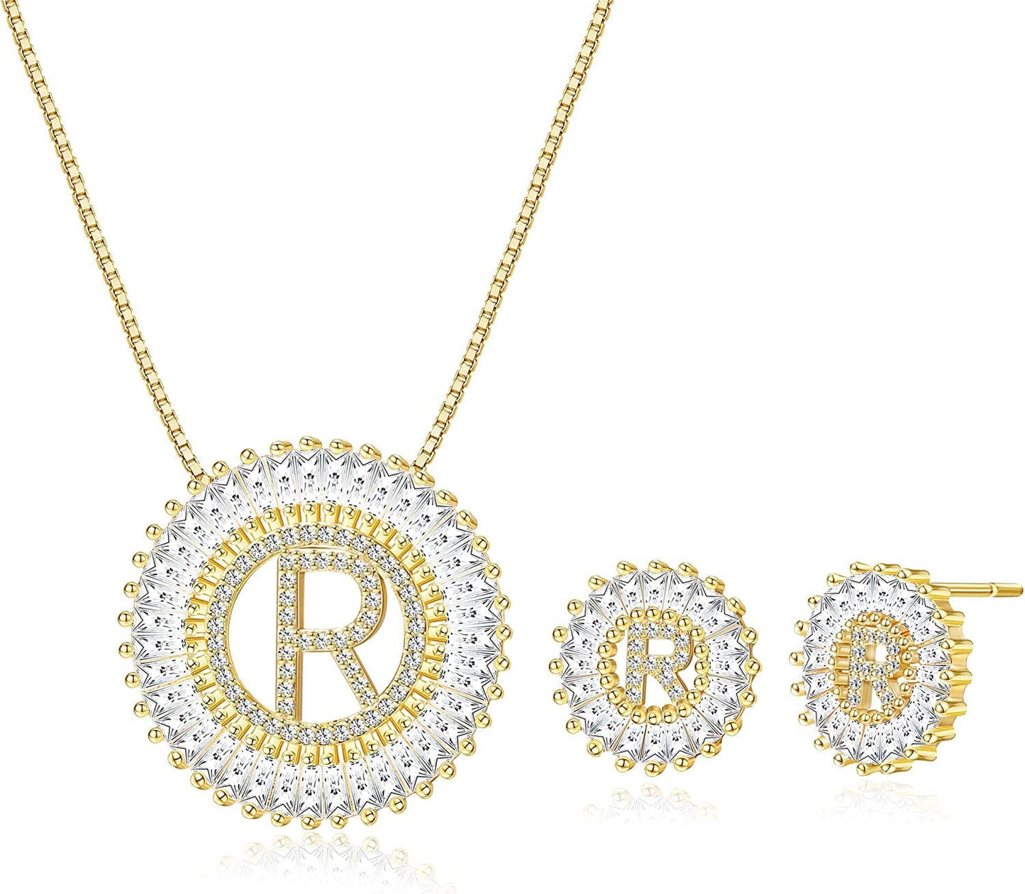 Initial Pendant Necklace Stud Earrings Jewelry Set for Women CZ Earring Studs Charm Alphabet Letter Personalized Chain Necklace 14K Real Gold Plated R-gold tone / Brass