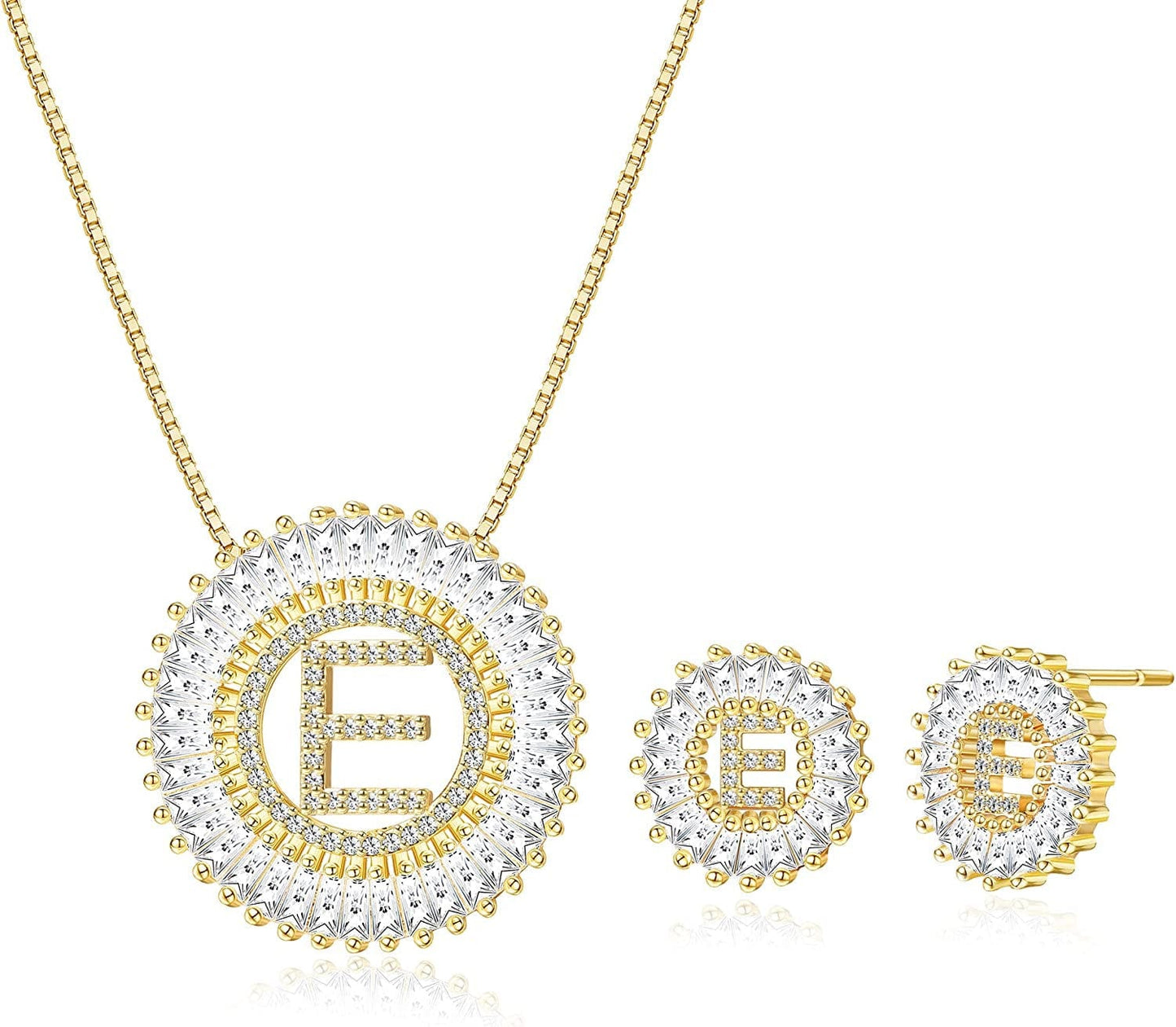 Initial Pendant Necklace Stud Earrings Jewelry Set for Women CZ Earring Studs Charm Alphabet Letter Personalized Chain Necklace 14K Real Gold Plated E-gold tone / Brass